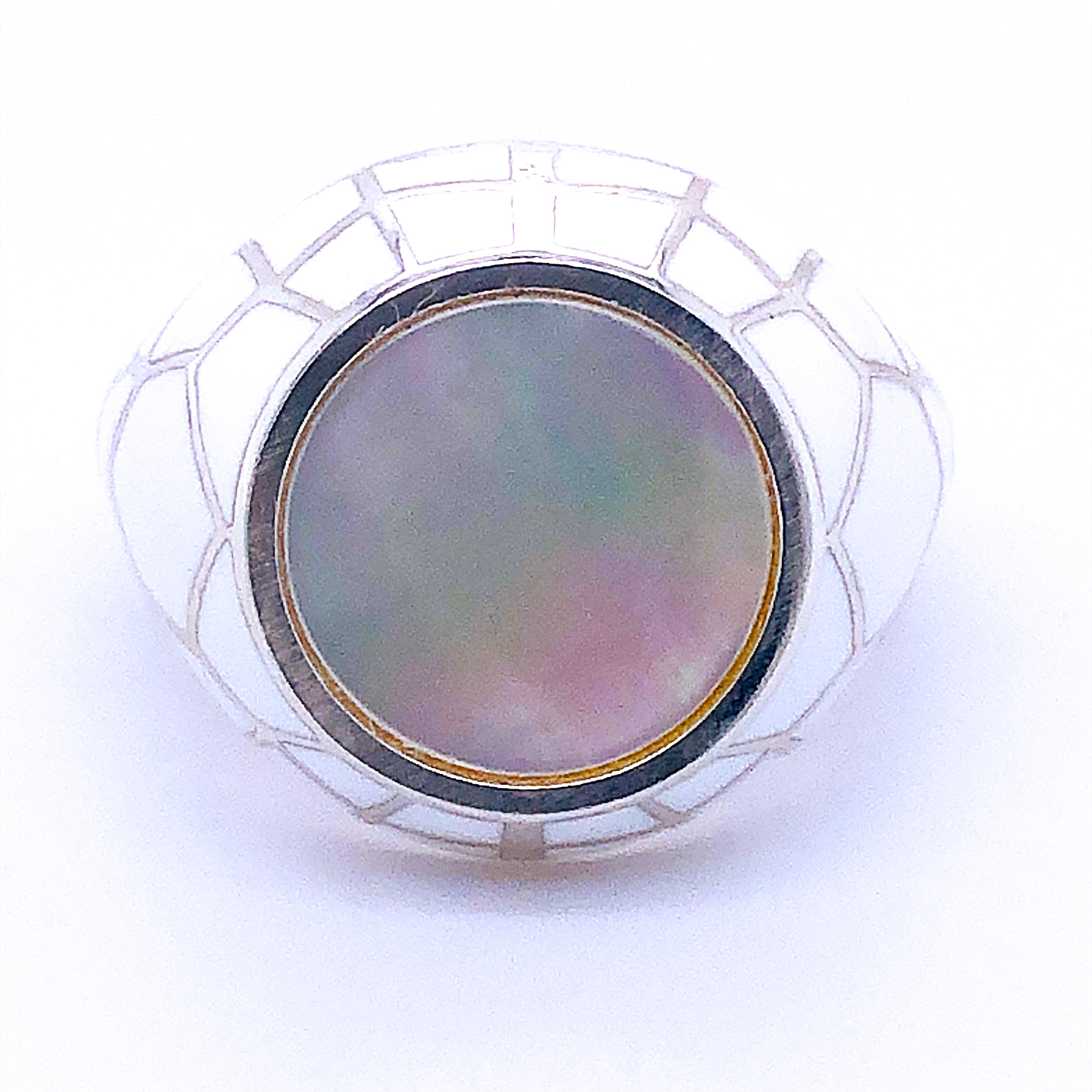 Contemporary Berca White Enameled Disk, White Spiderweb Sterling Silver Cocktail Ring For Sale