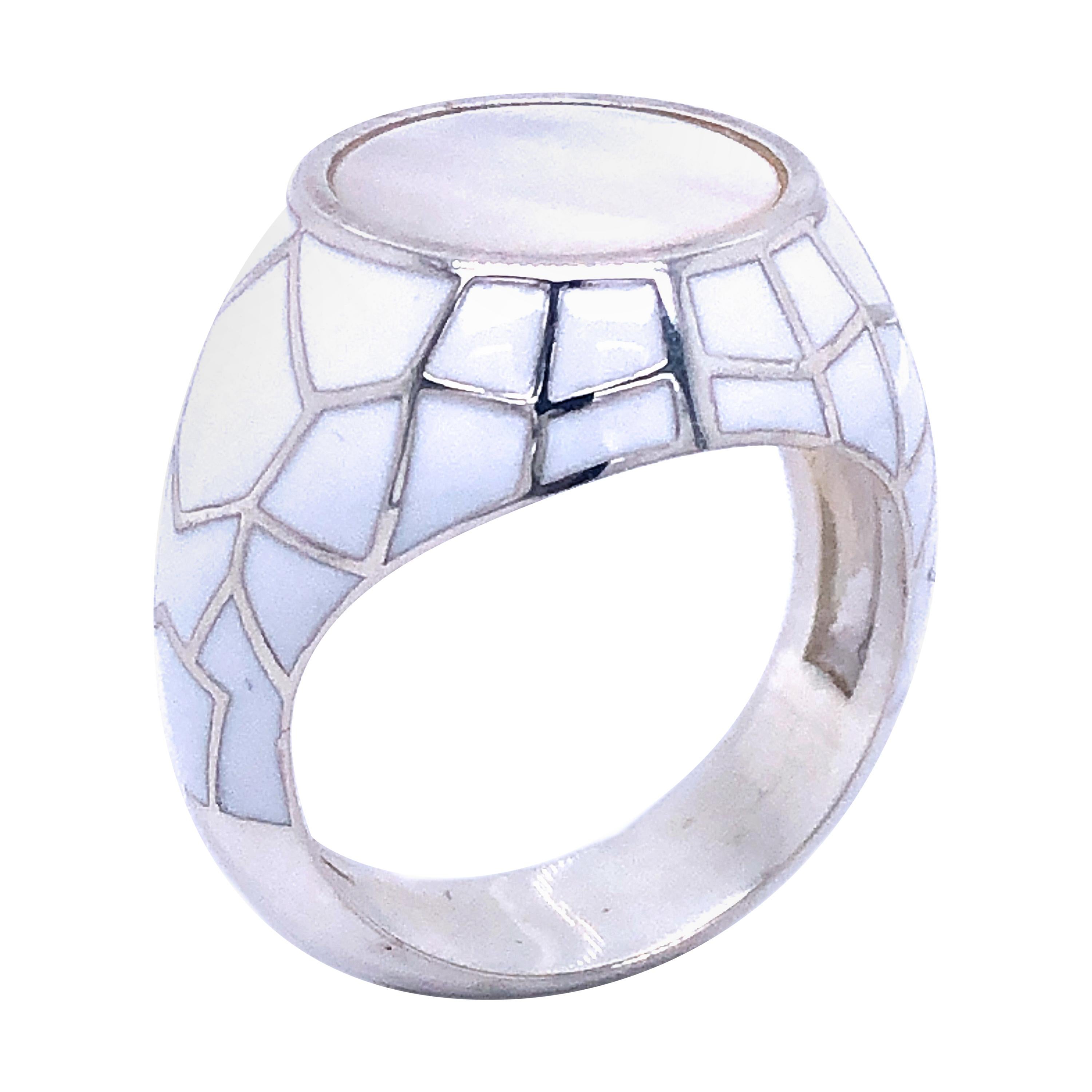 Berca White Enameled Disk, White Spiderweb Sterling Silver Cocktail Ring