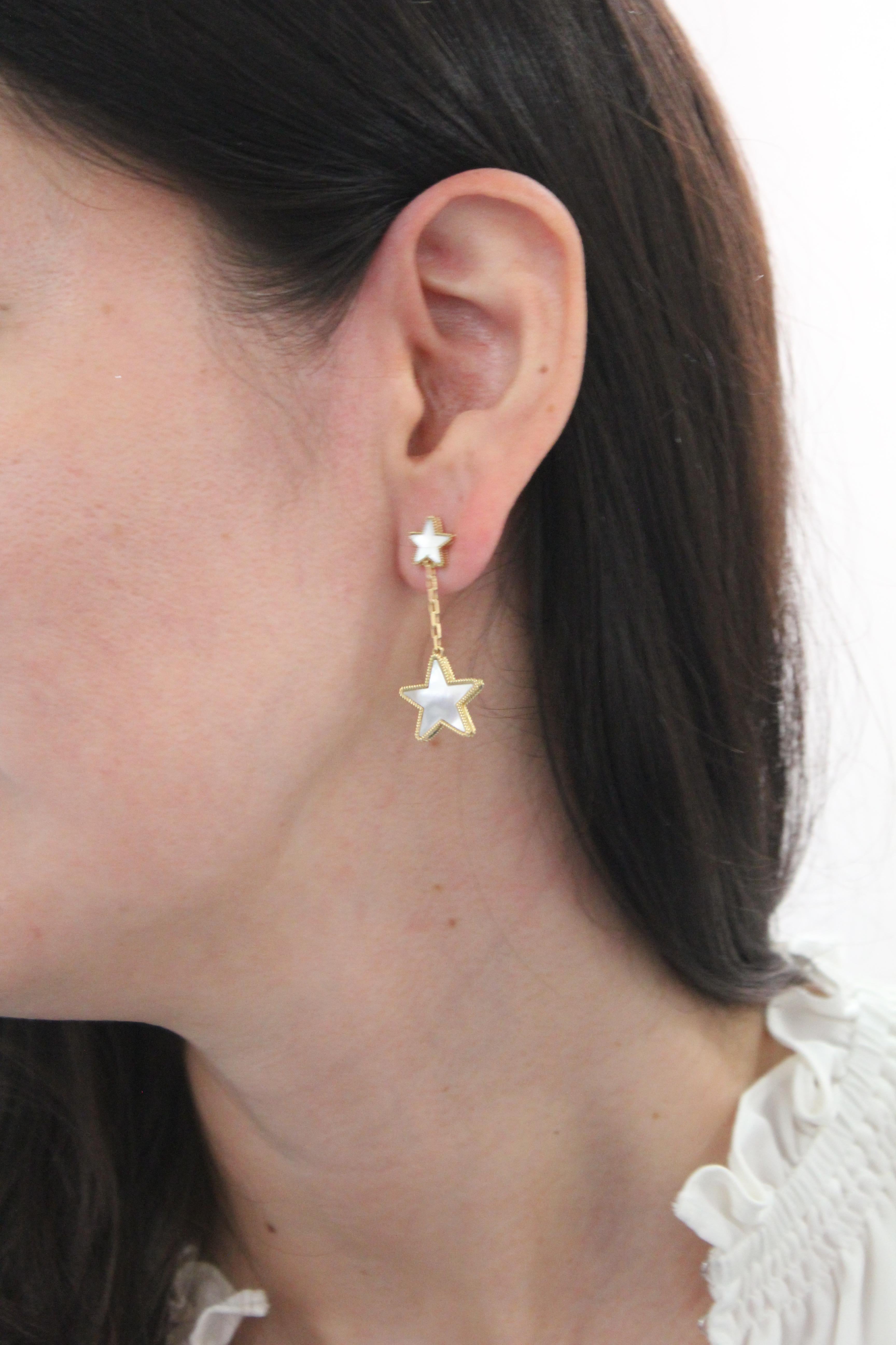 Women's or Men's Silvery White Pearl Star Galaxy Celestial Constellation Zodiac 18K Gold Earrings For Sale