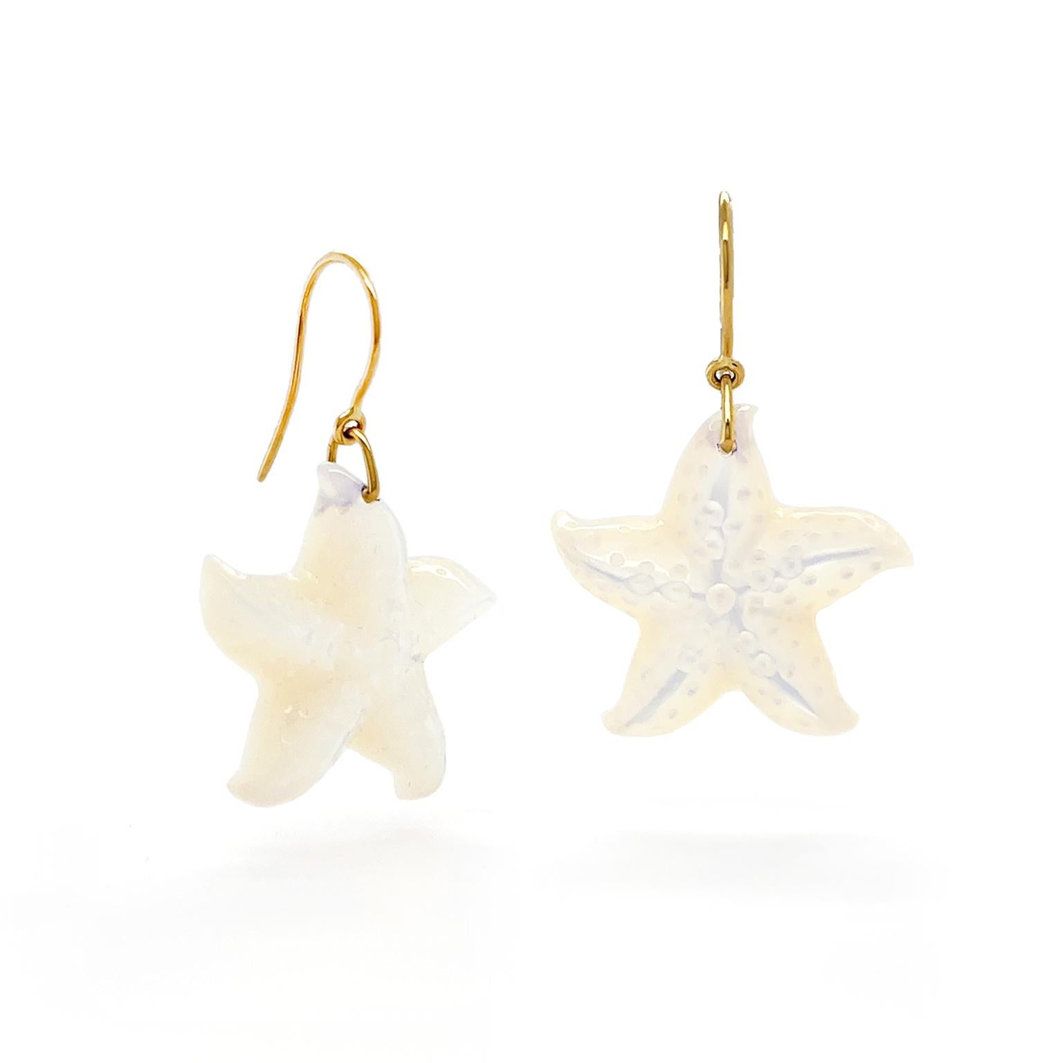 Mixed Cut Mother of Pearl Starfish 18K Yellow Gold Wire Earrings For Sale