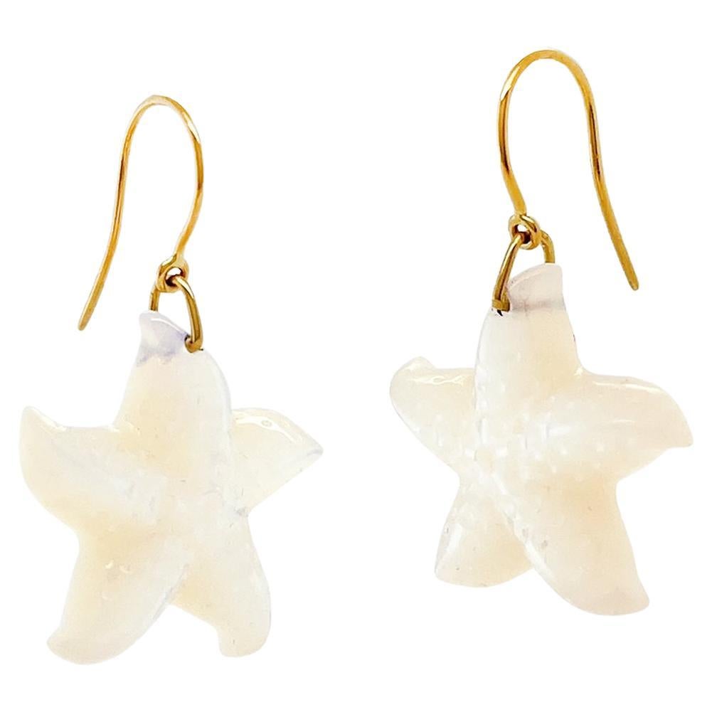 Mother of Pearl Starfish 18K Yellow Gold Wire Earrings For Sale