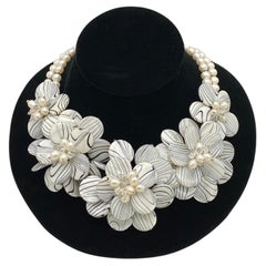 Mother of Pearl Statement Necklace with Black & White Flowers