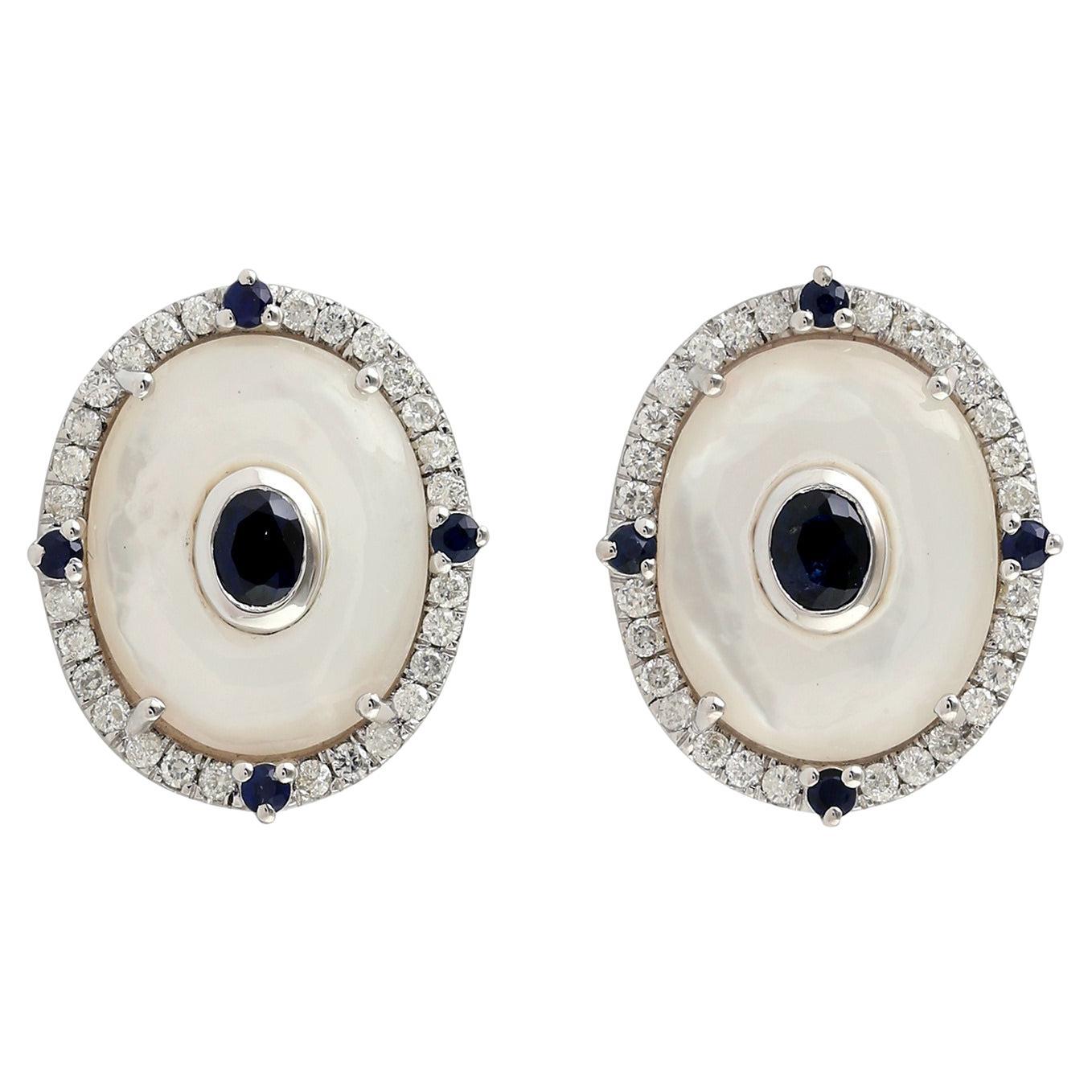 Mother Of Pearl Stud Earrings With Blue Sapphire & Diamonds In 18k White Gold For Sale
