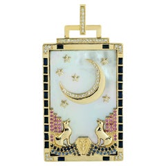 Pendentif breloque porte-cartes avec plusieurs saphirs et diamants