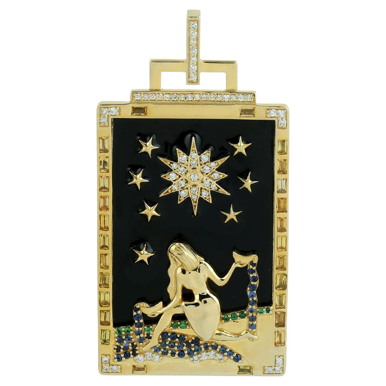 Mother Of Pearl Tarot Card Pendant With Black Enamel & Diamonds In 14k Gold