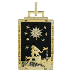 Perlmutt- Tarot-Kartenanhänger mit schwarzer Emaille und Diamanten in 14k Gold