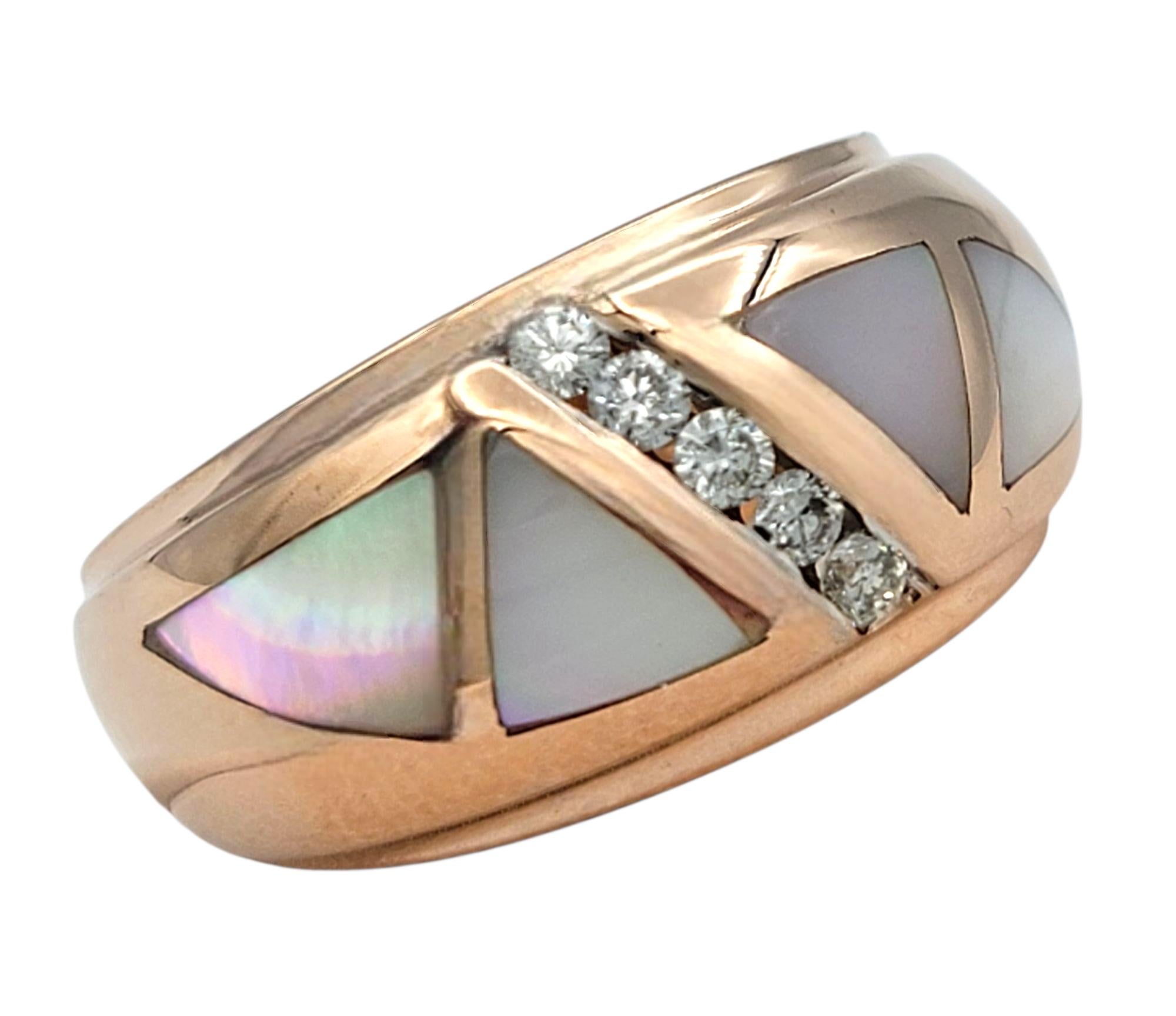 Ring Size: 6.5

Crafted in a bold, contemporary silhouette, this ring features an inlay of luminous mother of pearl that flows seamlessly within the curved design of the wide 14 karat rose gold band. Crisscrossing the soft iridescence are delicate