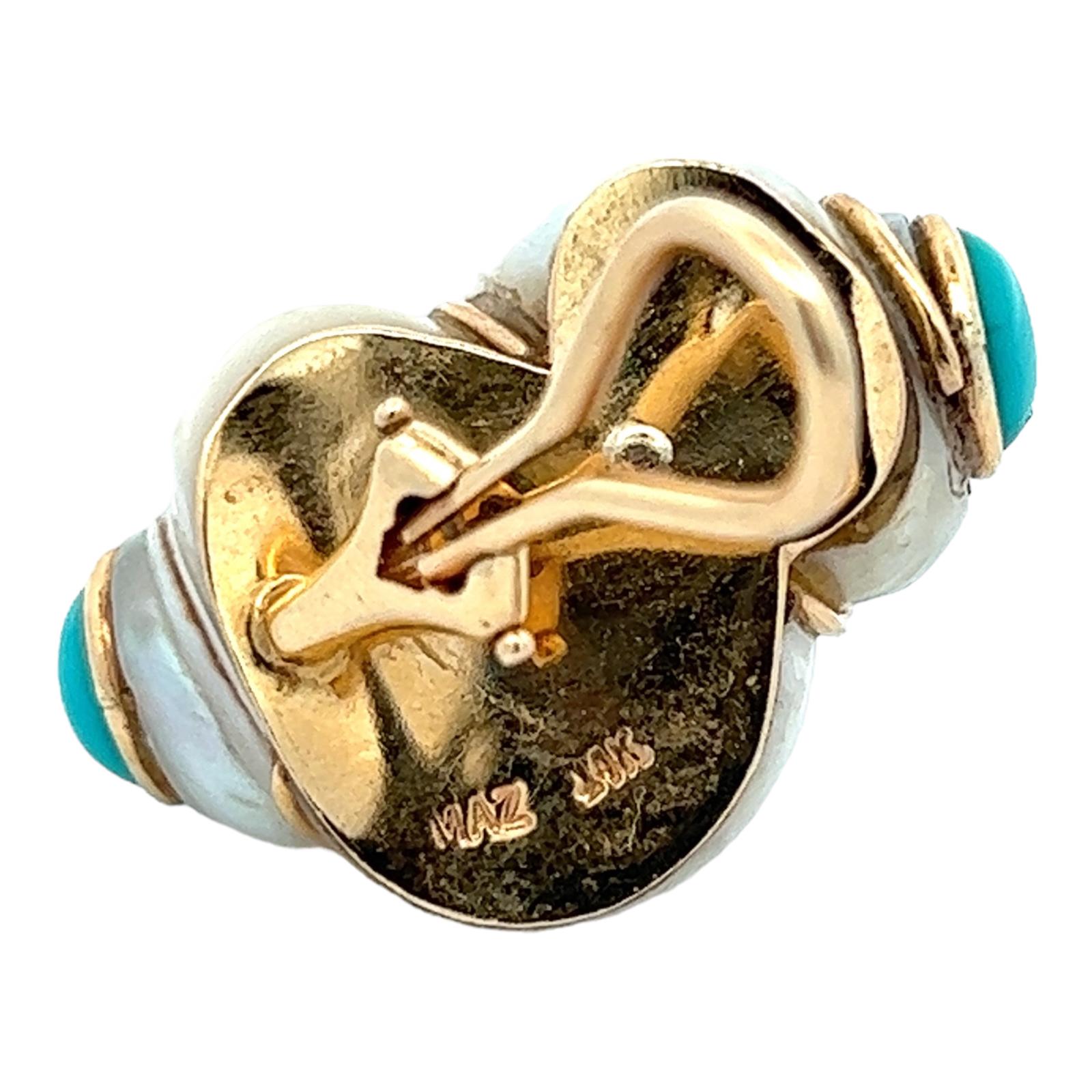 Modern Mother of Pearl Turquoise 14 Karat Yellow Gold Turbo Seashell Earrings by Mazza
