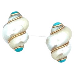 Mother of Pearl Turquoise 14 Karat Yellow Gold Turbo Seashell Earrings by Mazza