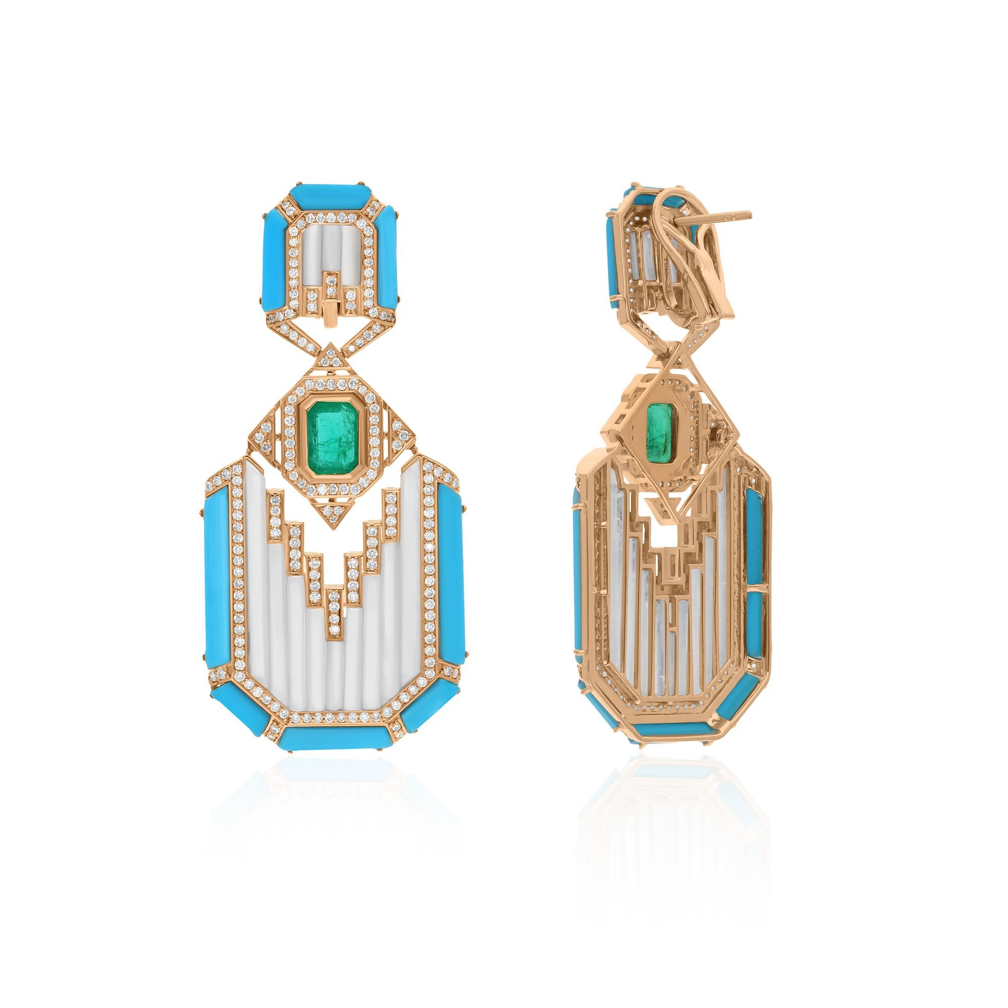 Cast from 10-karat gold, these exquisite earrings are handset with 1.77 carats Zambian emerald, 12.55 carats mother of pearls, Turquoise and 4.33 carats of sparkling diamonds.

FOLLOW SPECTRUM JEWELS storefront to view the latest collection &