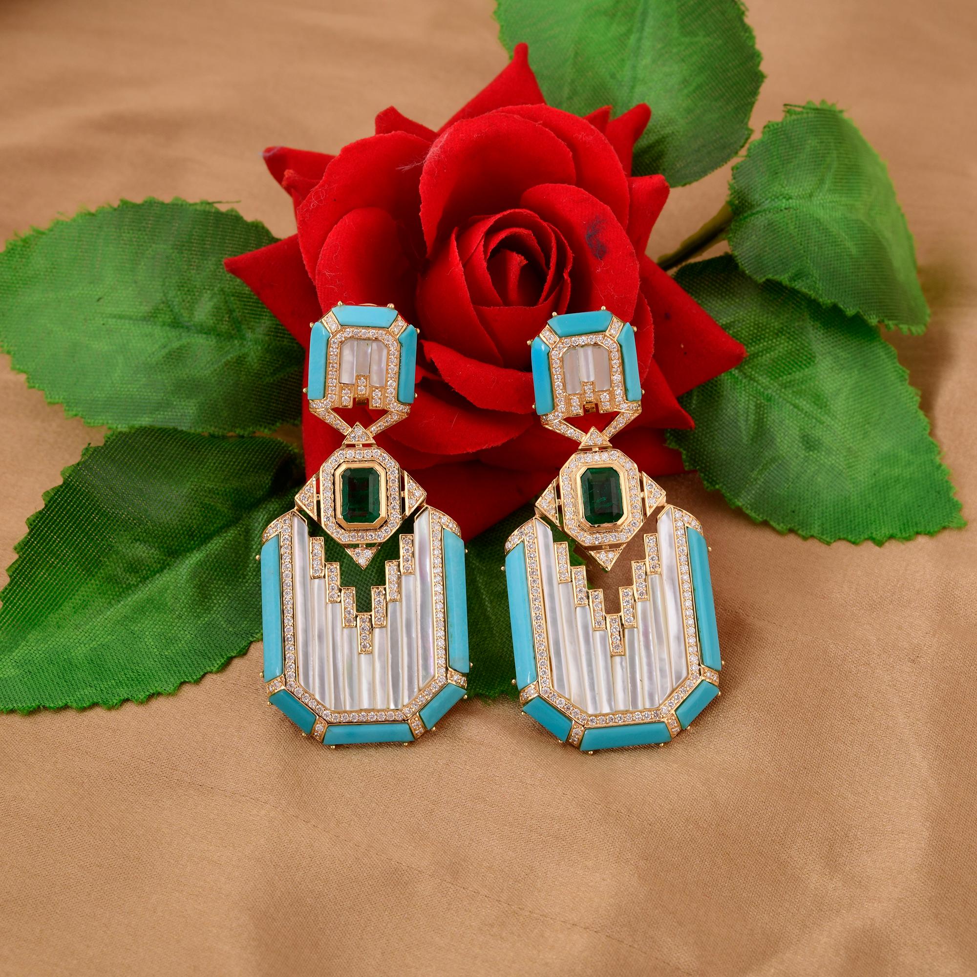 Octagon Cut Mother of Pearl Turquoise Earrings Emerald Diamond 10 Karat Yellow Gold Jewelry For Sale