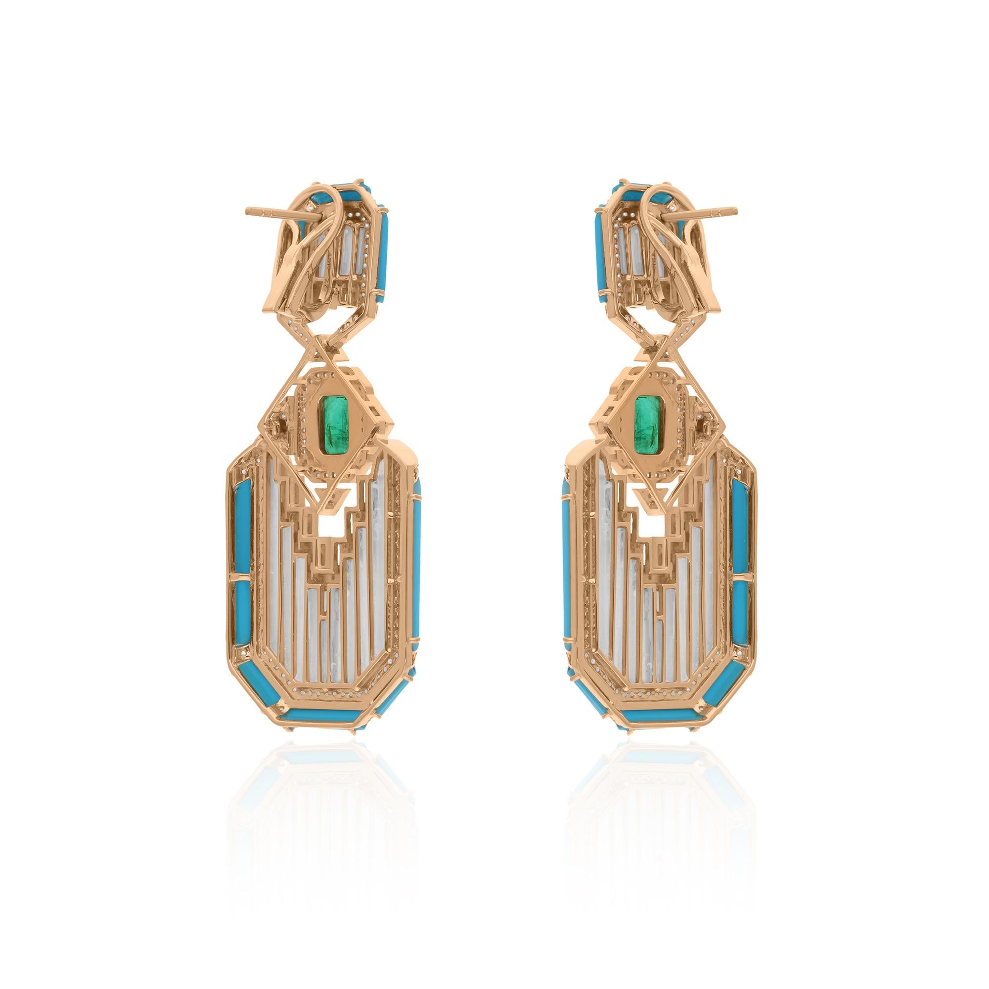Mother of Pearl Turquoise Earrings Emerald Diamond 10 Karat Yellow Gold Jewelry For Sale 1