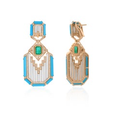 Mother of Pearl Turquoise Earrings Emerald Diamond 14 Karat Yellow Gold Jewelry