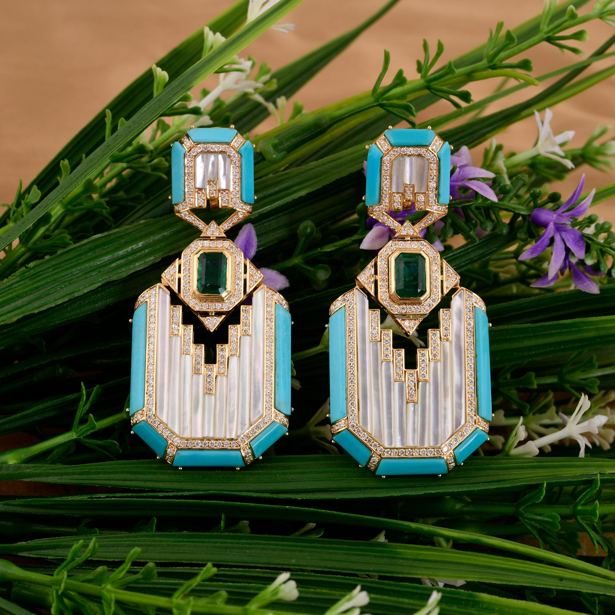 Modern Mother of Pearl Turquoise Earrings Emerald Diamond 14 Karat Yellow Gold Jewelry For Sale