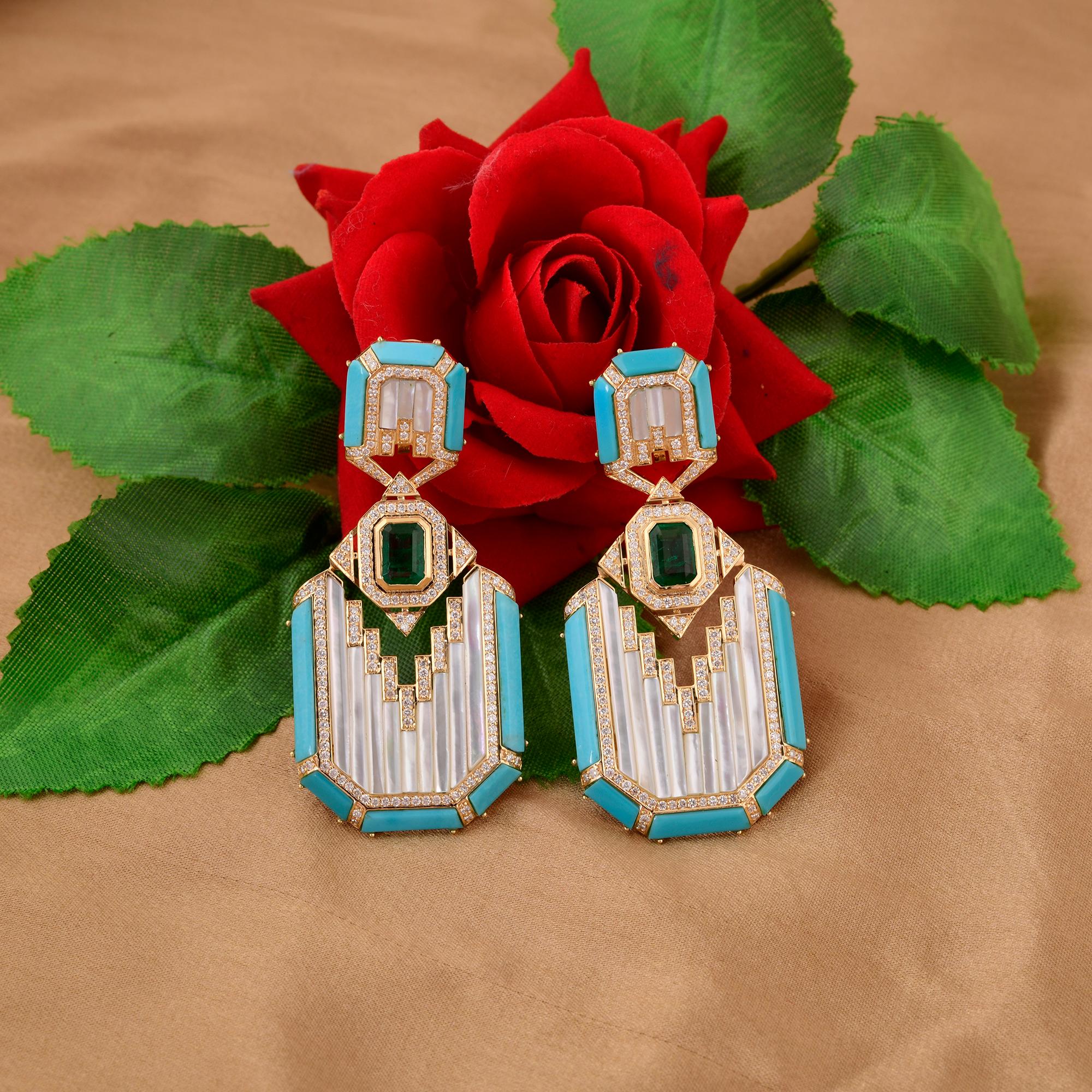 Octagon Cut Mother of Pearl Turquoise Earrings Emerald Diamond 14 Karat Yellow Gold Jewelry For Sale