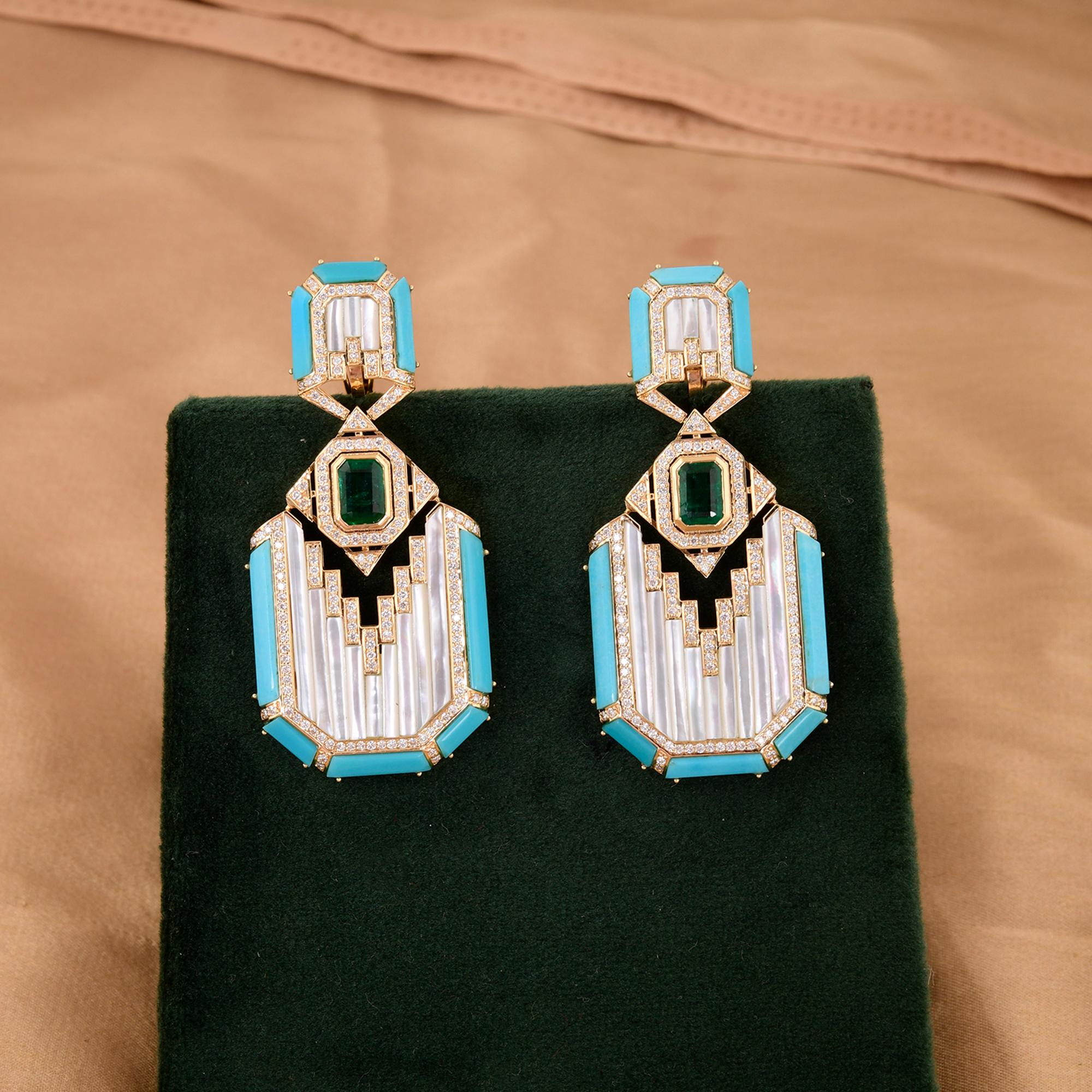Women's Mother of Pearl Turquoise Earrings Emerald Diamond 14 Karat Yellow Gold Jewelry For Sale