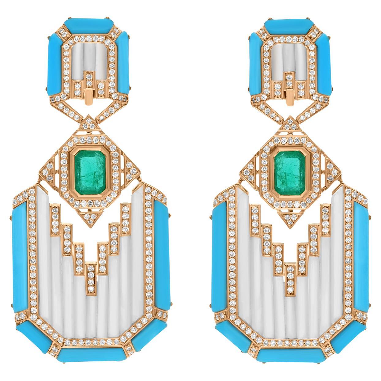 Orecchini Madreperla Turchese Diamante Smeraldo Gioielli in oro giallo 14 carati