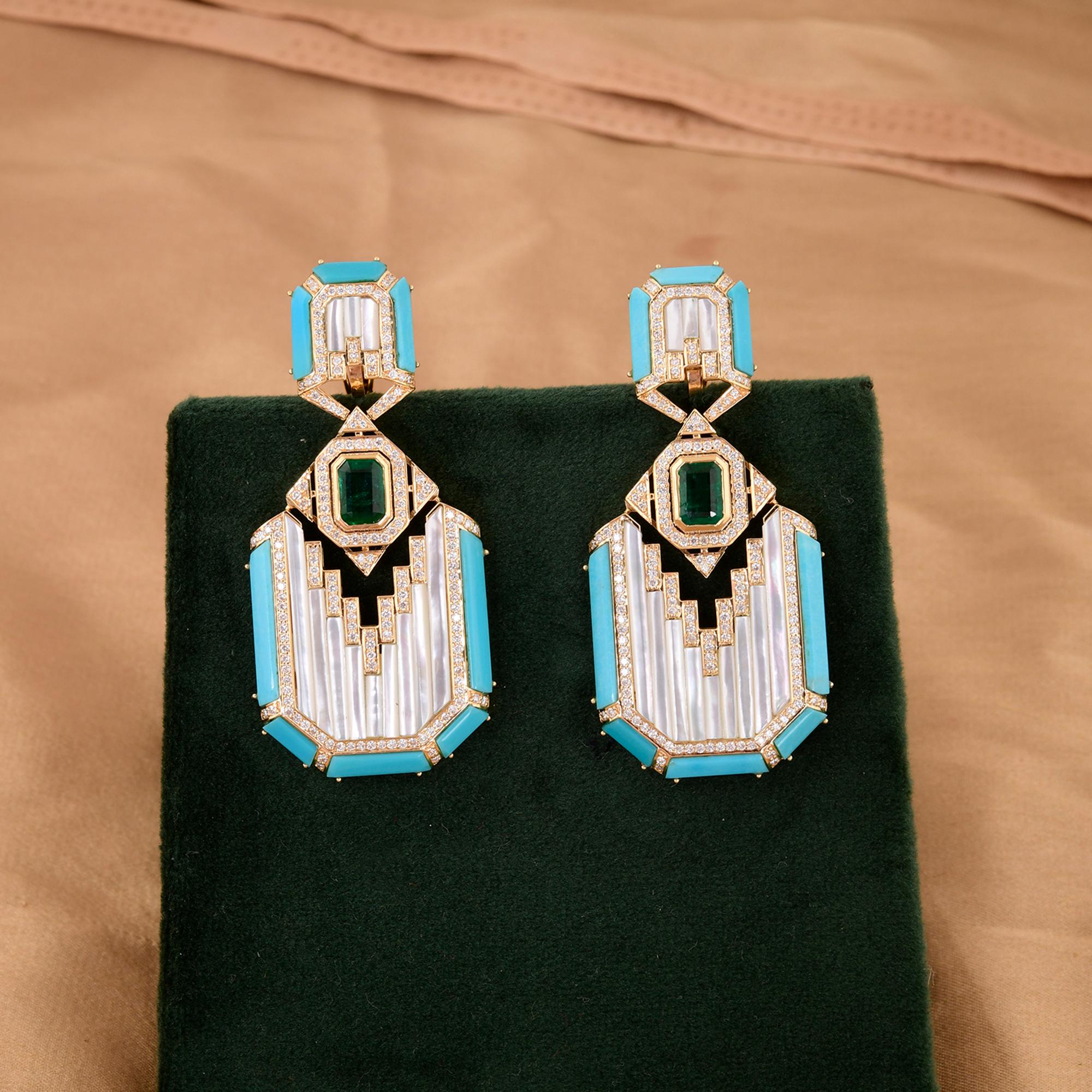 Mother of Pearl Turquoise Earrings Emerald Diamond 18 Karat Yellow Gold Jewelry In New Condition For Sale In Diera, Dubai