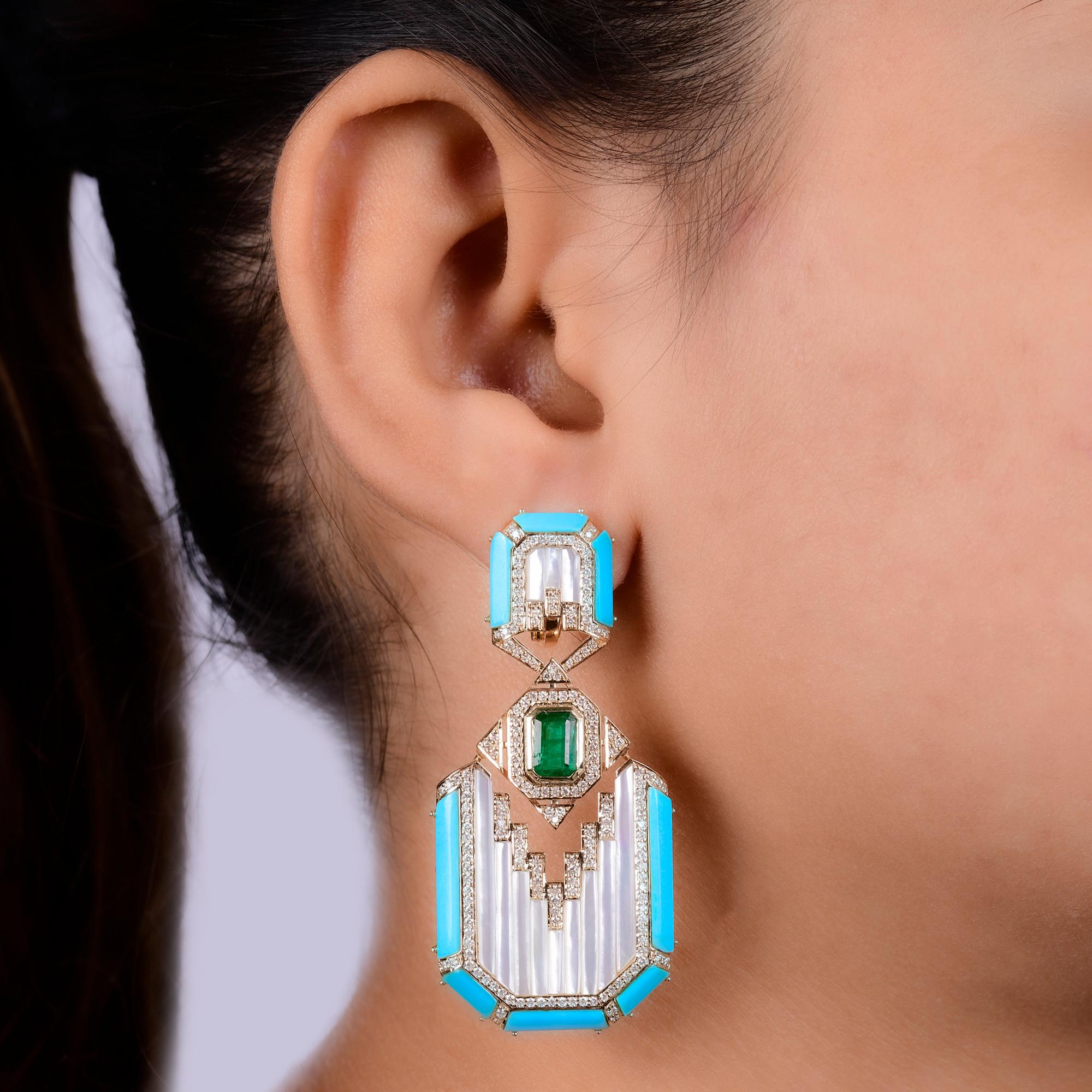 Women's Mother of Pearl Turquoise Earrings Emerald Diamond 18 Karat Yellow Gold Jewelry For Sale