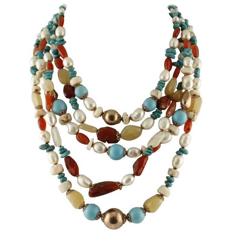 White Stones,Turquoise,Pearls,Carnelians,Moon-Stone Silver Multi-Strand ...