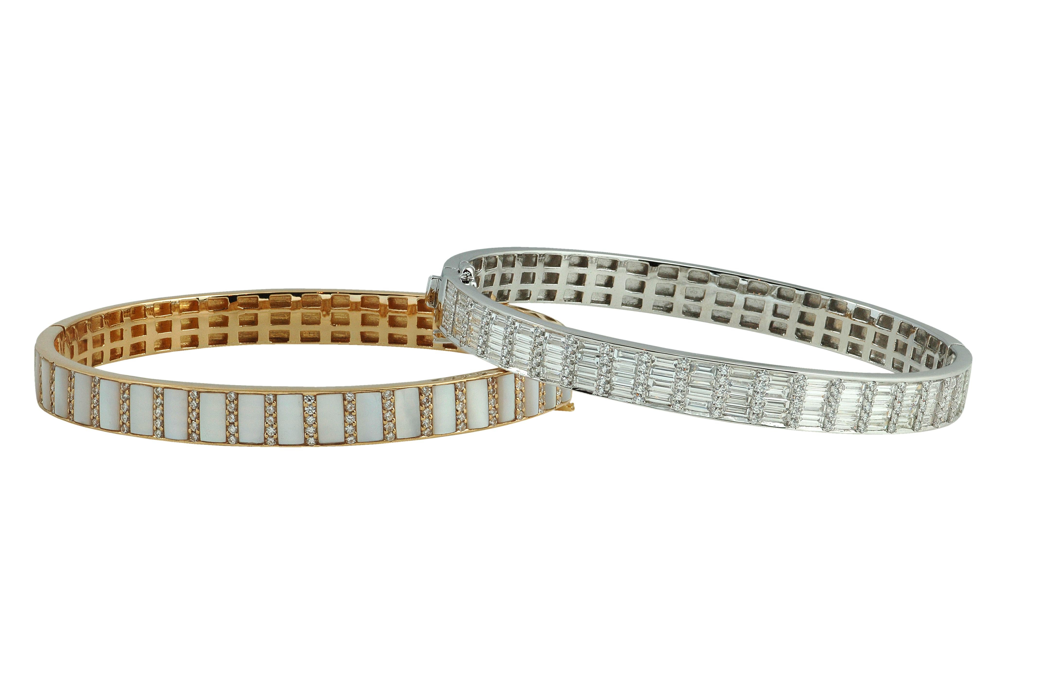 Brilliant Cut Mother of Pearl with Diamond Bangle set in 18K Gold Settings For Sale