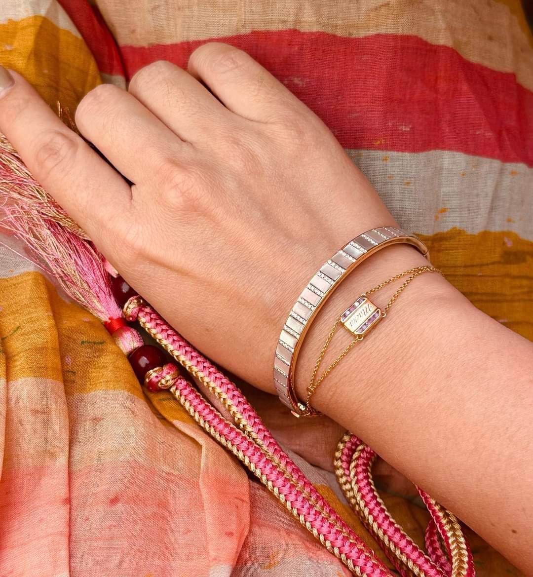Women's or Men's Mother of Pearl with Diamond Bangle set in 18K Gold Settings For Sale