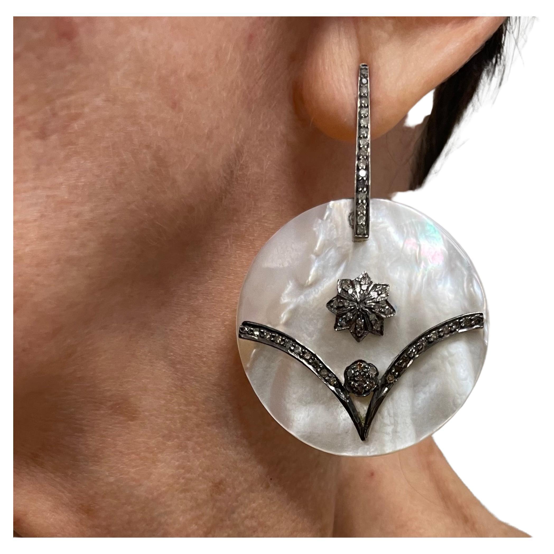 Artisan Mother of Pearl with Diamonds Earrings For Sale