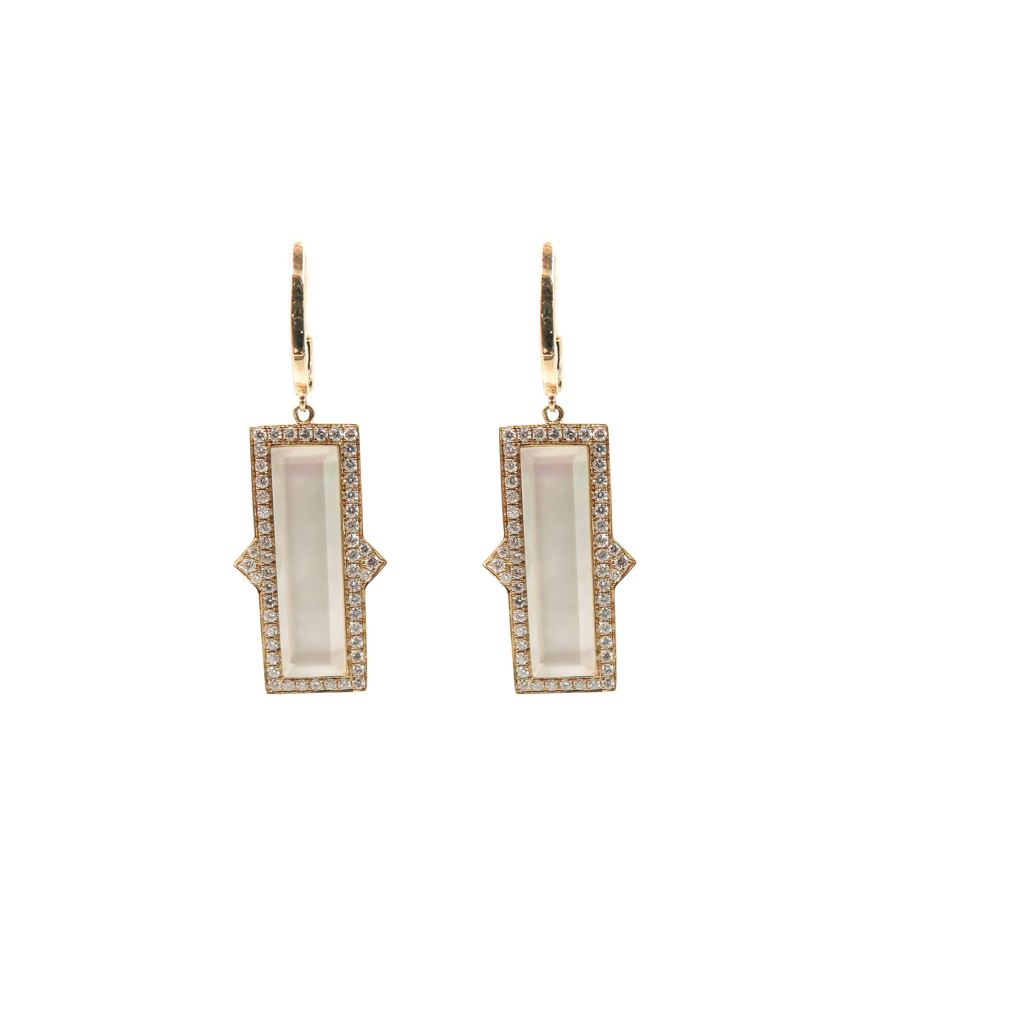 Inspired by the delicate, exotic and graceful orchid flower. This Mother of Pearl and Diamond Earrings features the Incredible, iridescent reflection and luster of white mother of pearl at the front and center, checker-cut clear quartz is layered
