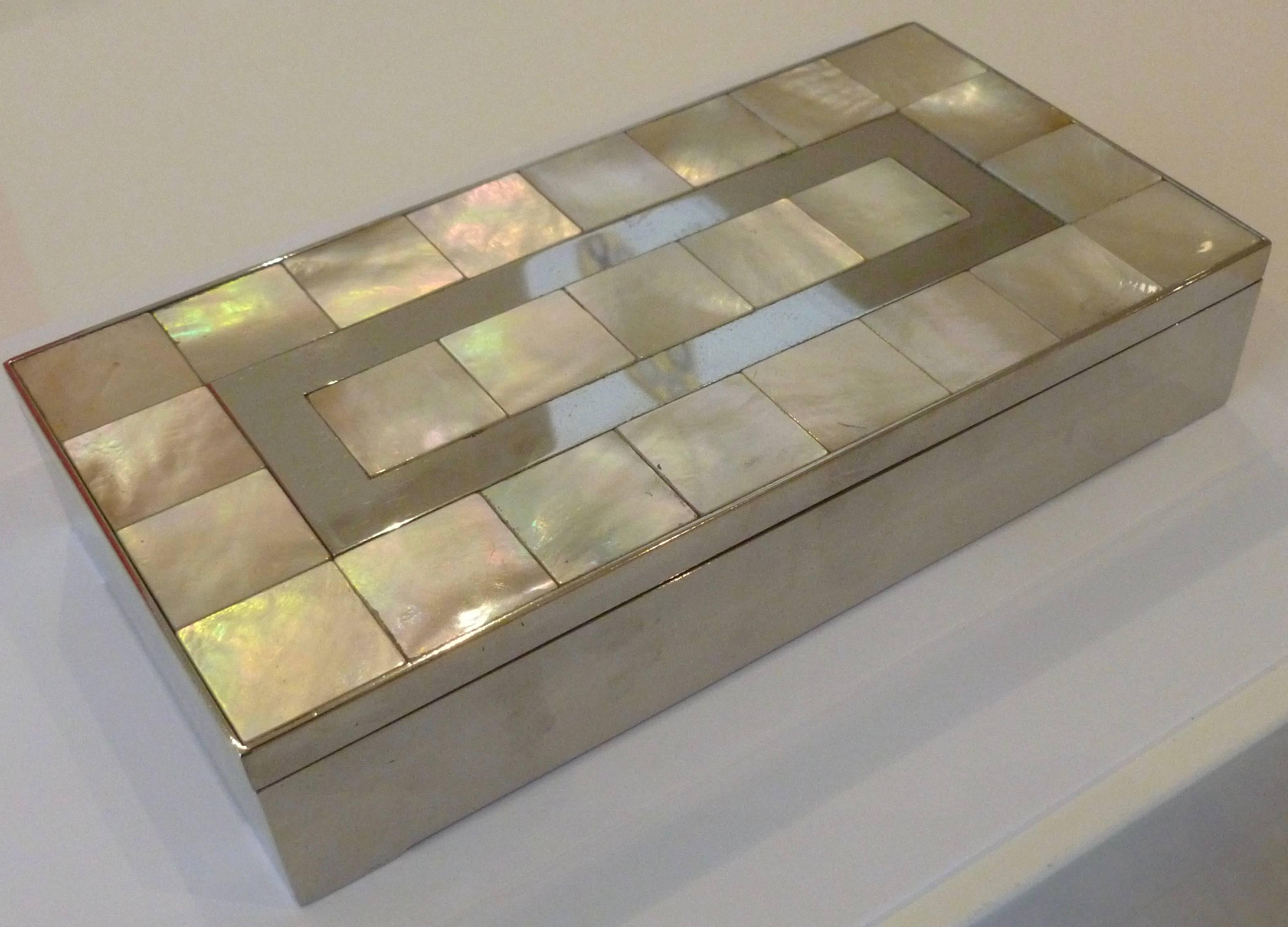 Mother-of-Pearl, Wood and Nickel Silver Rectangle Vintage Hinged Box In Good Condition In North Miami, FL