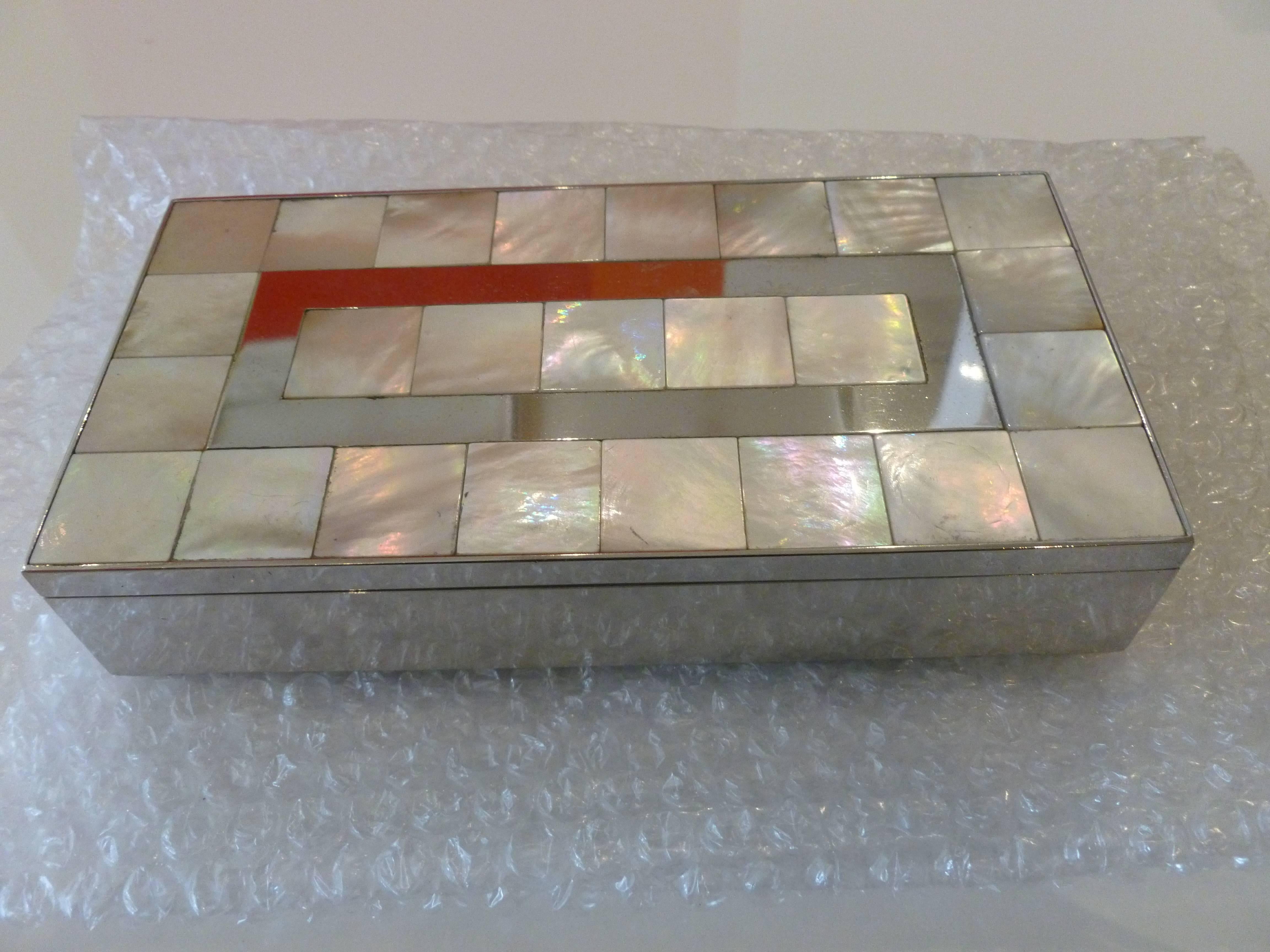 Late 20th Century Mother-of-Pearl, Wood and Nickel Silver Rectangle Vintage Hinged Box