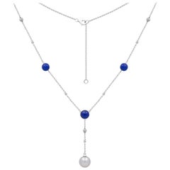 Mother of Pearls Lapis Lazuli White Gold Diamond Pendant Charm Necklace for Her