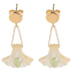 Mother Pearl Carved Shell Blue Tourmaline 18 Karat Gold Chains Cocktail Earrings