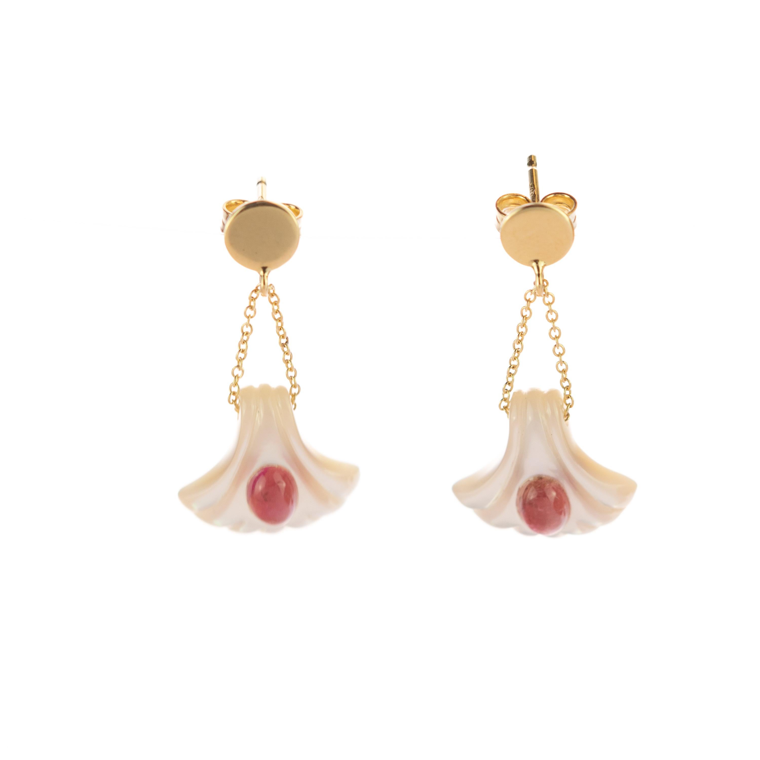 Arts and Crafts Mother Pearl Carved Shell Pink Tourmaline 18 Karat Gold Drop Cocktail Earrings For Sale
