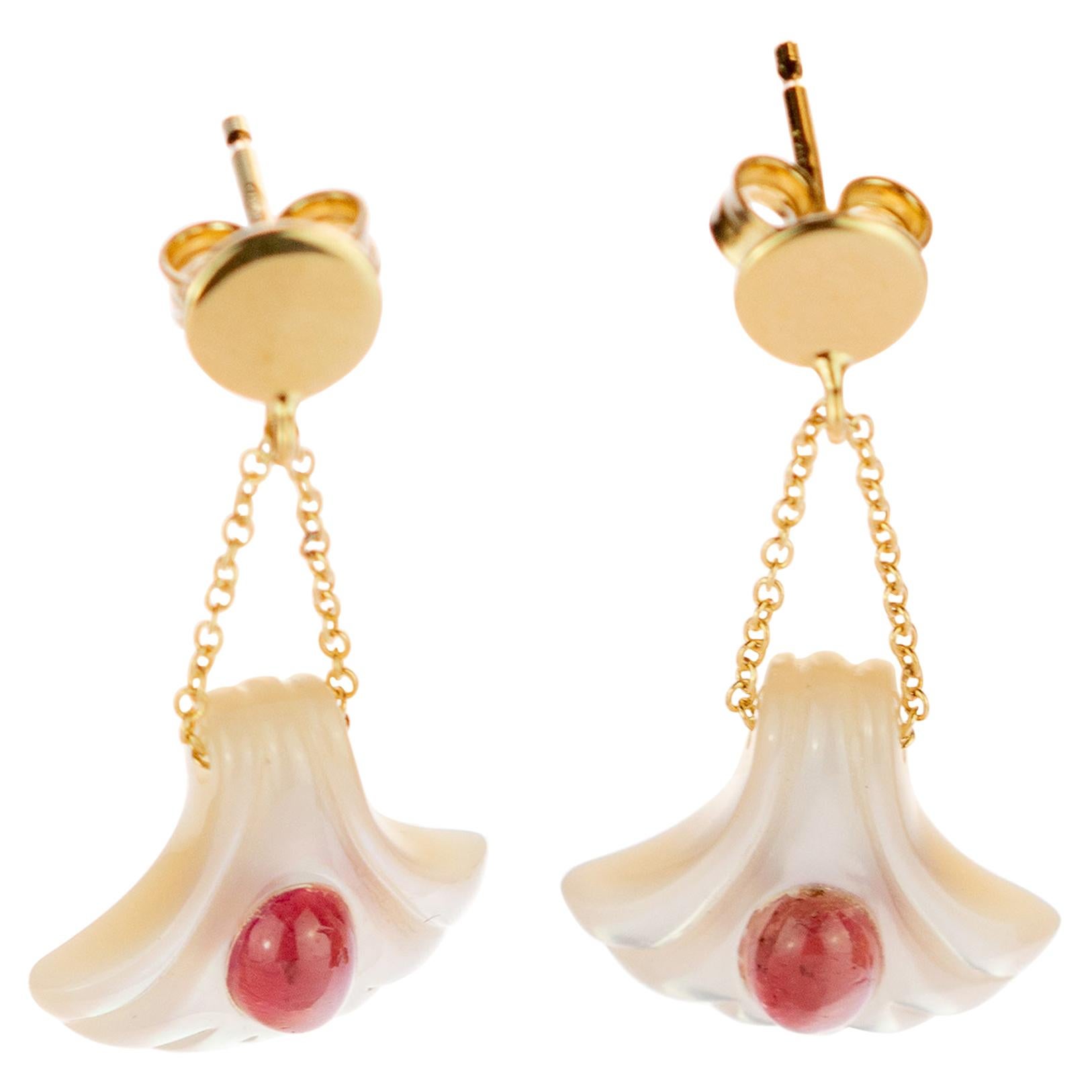 Mother Pearl Carved Shell Pink Tourmaline 18 Karat Gold Drop Cocktail Earrings