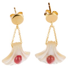 Mother Pearl Carved Shell Pink Tourmaline 18 Karat Gold Drop Cocktail Earrings