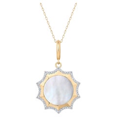 Mother Pearl Diamond 14K (or 18k request) Yellow Gold Sunburst Pendant Necklace