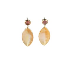 Mother Pearl Leaf Leaves Tourmaline Cabochon 18 Karat Gold Drop Vintage Earrings
