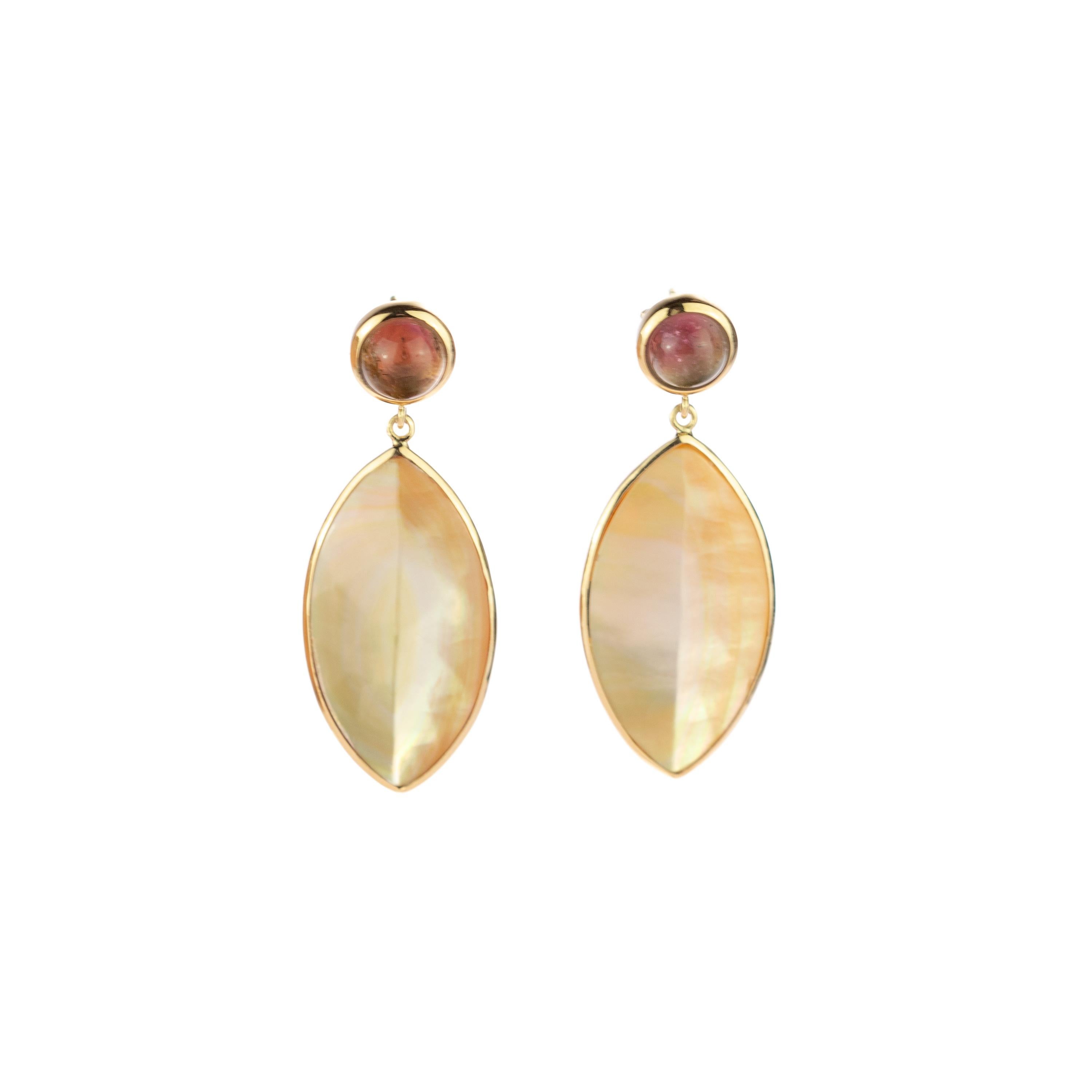 Artisan Mother Pearl Leaf Leaves Tourmaline Cabochon 18 Karat Gold Drop Vintage Earrings For Sale