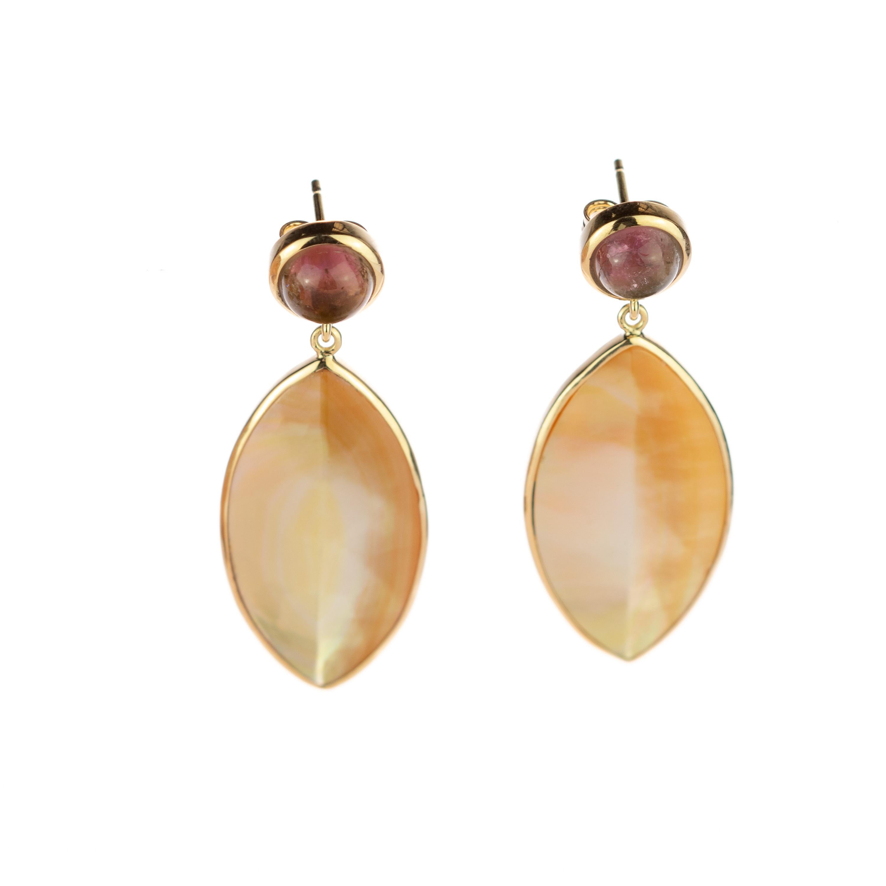 Mixed Cut Mother Pearl Leaf Leaves Tourmaline Cabochon 18 Karat Gold Drop Vintage Earrings For Sale