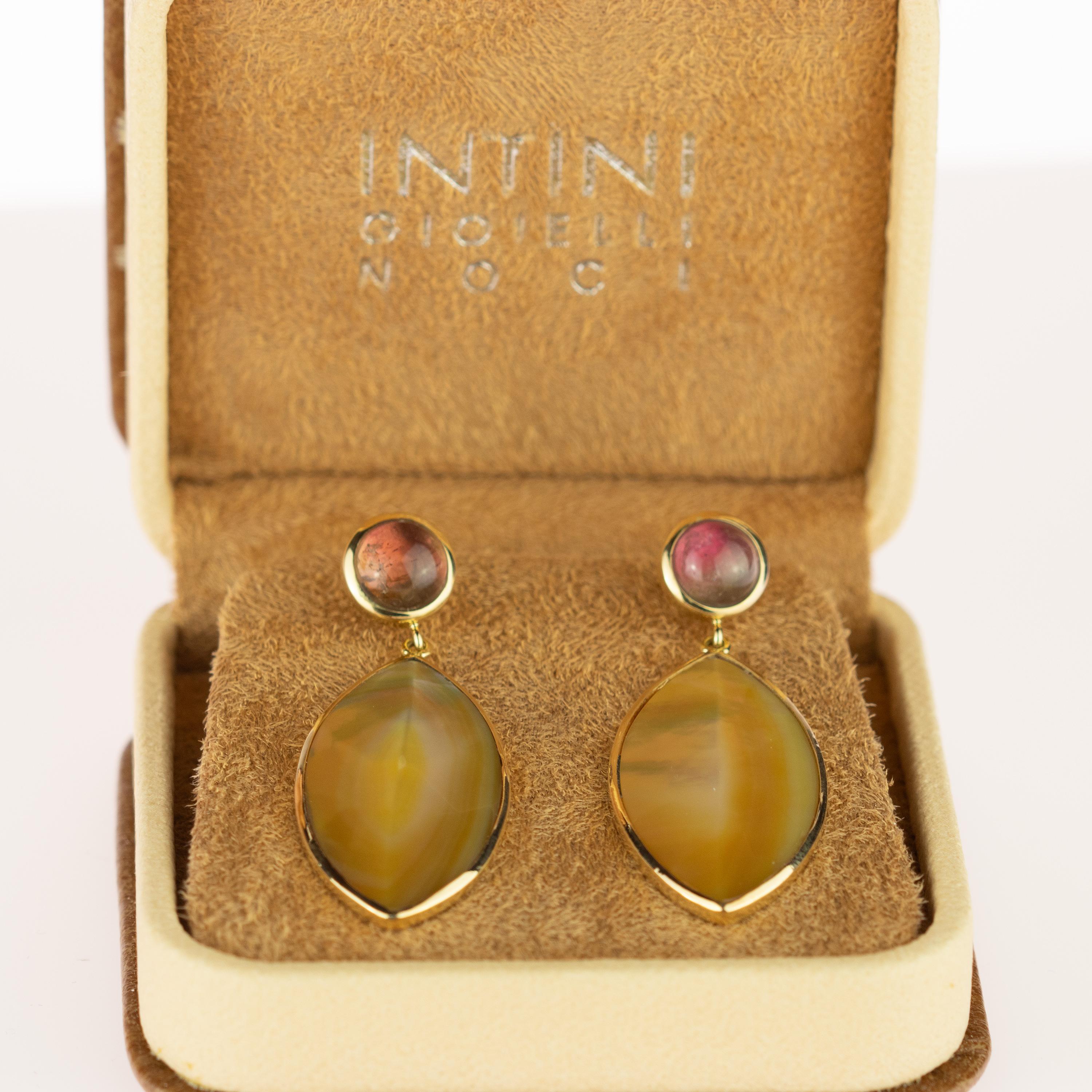 Mother Pearl Leaf Leaves Tourmaline Cabochon 18 Karat Gold Drop Vintage Earrings In New Condition For Sale In Milano, IT