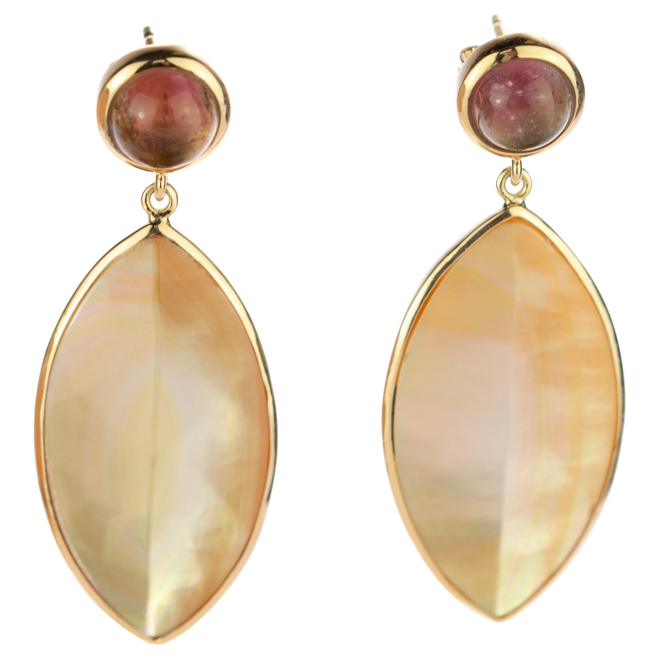 Madreperla Foglie di tormalina Cabochon Oro 18 carati Orecchini vintage a goccia