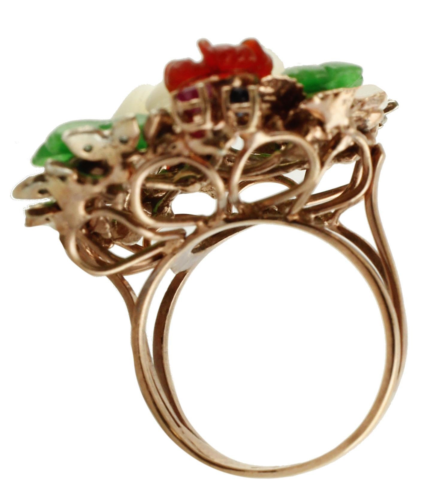 Mixed Cut White Agate, Sapphires Rubies Emeralds Diamonds Stone Rose Gold  Silver Ring For Sale