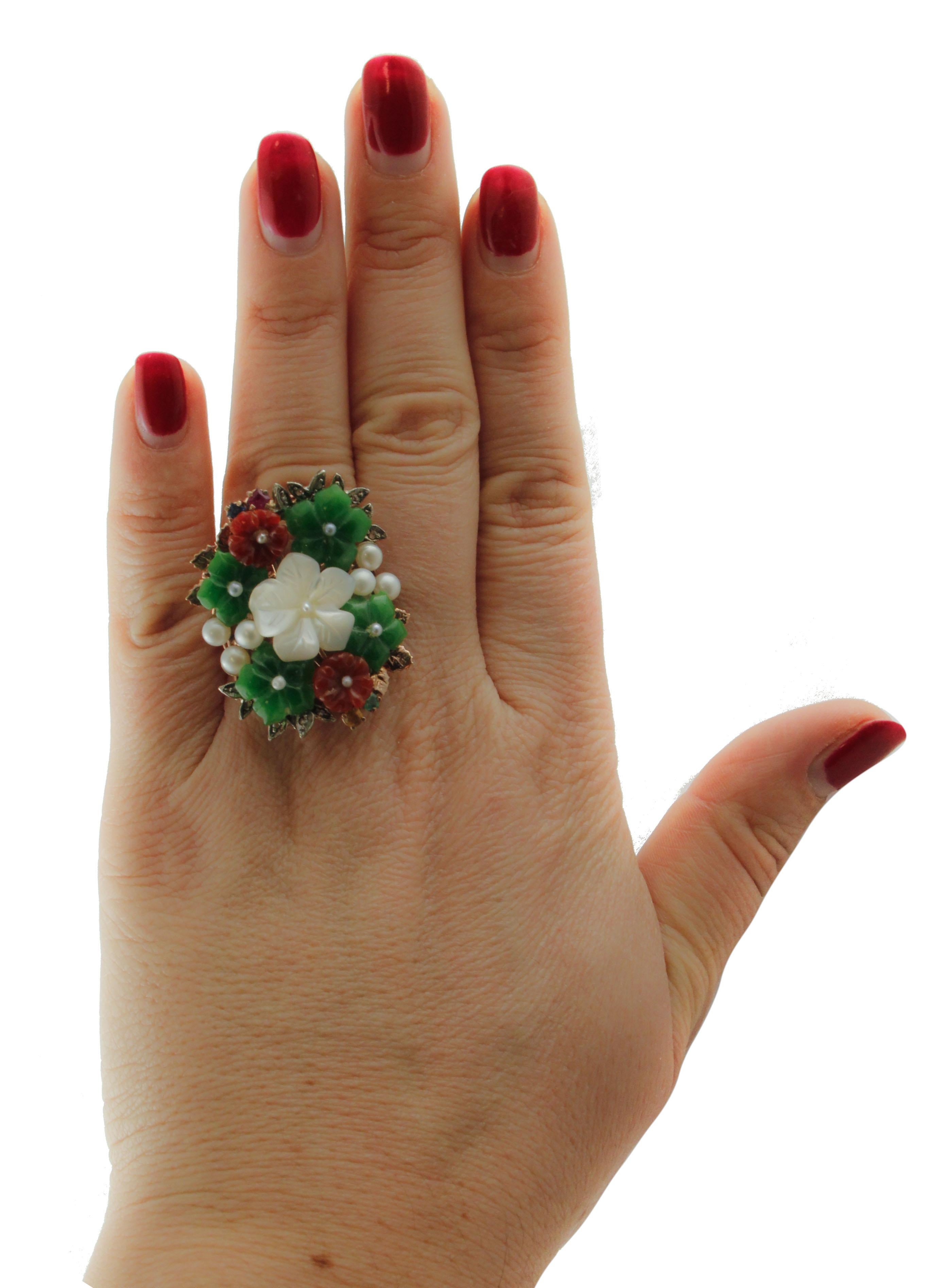 White Agate, Sapphires Rubies Emeralds Diamonds Stone Rose Gold  Silver Ring In Good Condition For Sale In Marcianise, Marcianise (CE)