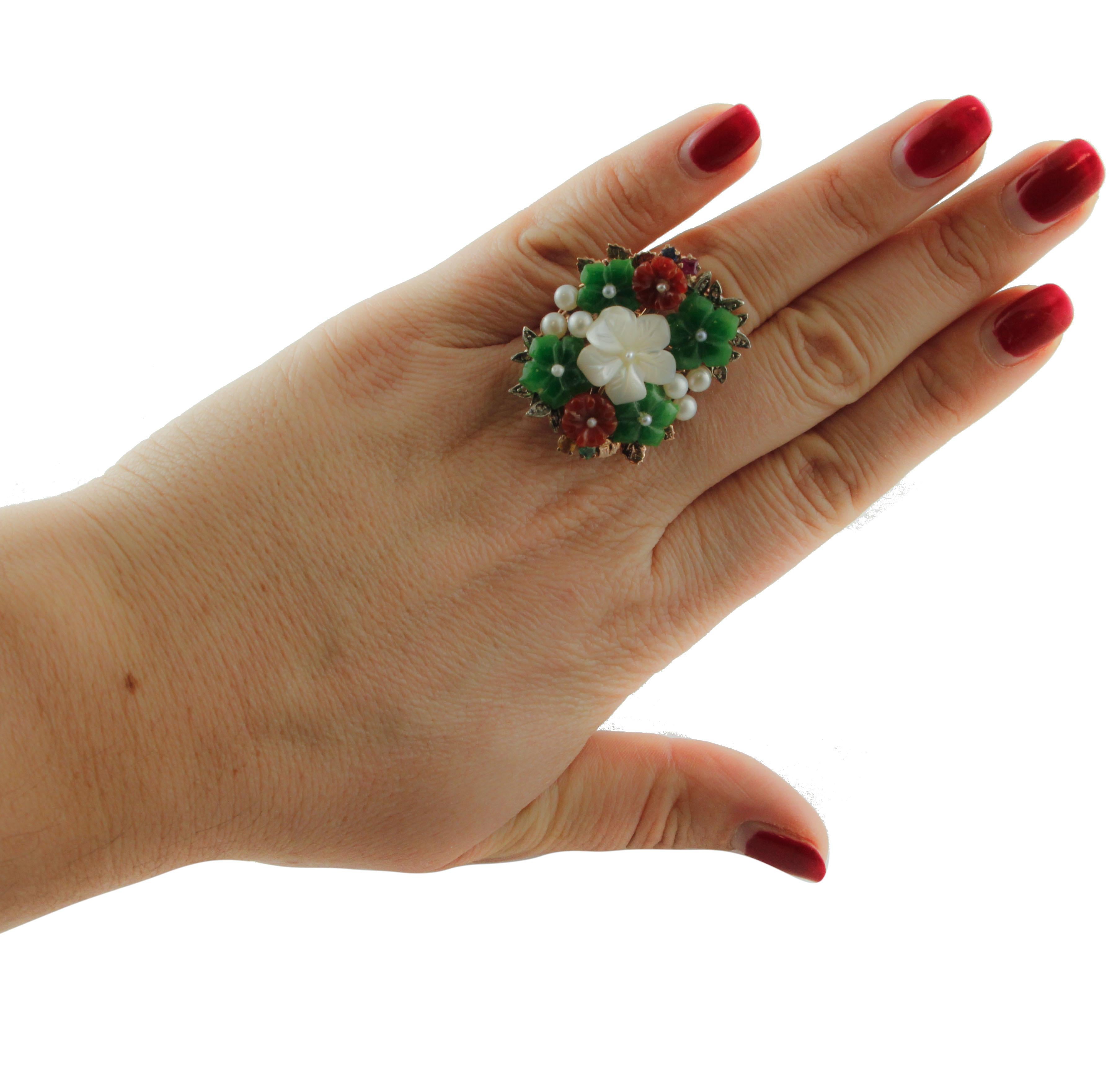 White Agate, Sapphires Rubies Emeralds Diamonds Stone Rose Gold  Silver Ring For Sale 1