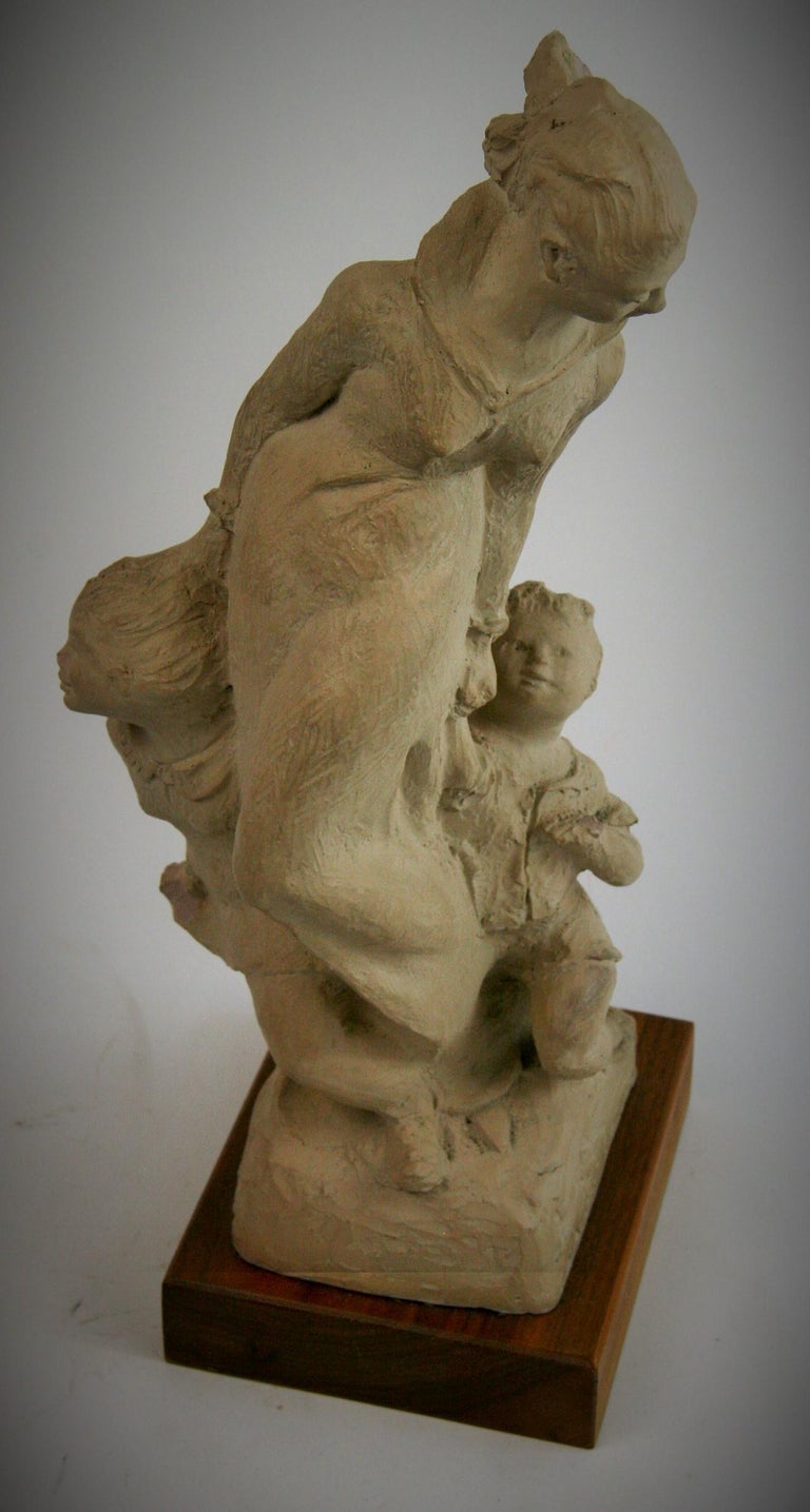 Mother and Children Cast Stone Sculpture Walnut base by Austin