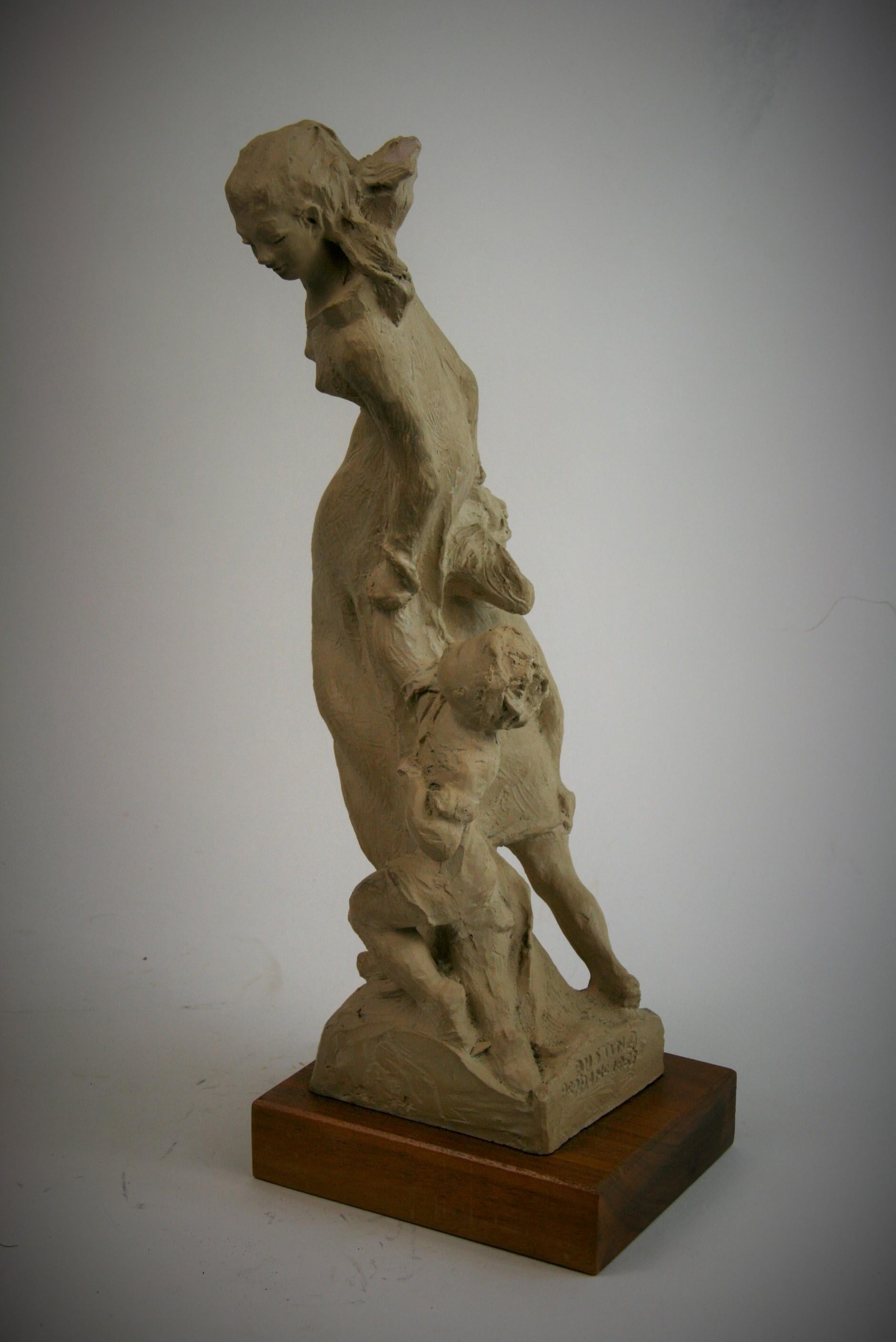 Late 20th Century Mother and Children Cast Stone Sculpture Walnut base by Austin Productions 1983