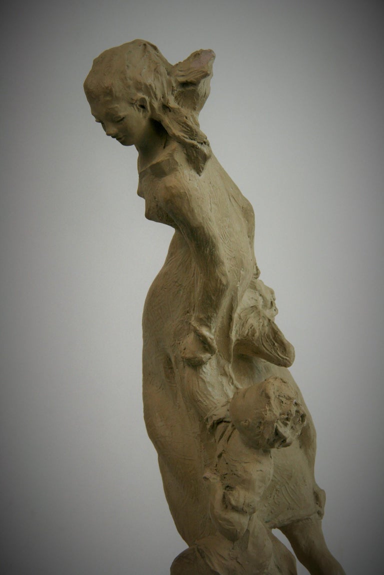 Mother and Children Cast Stone Sculpture Walnut base by Austin