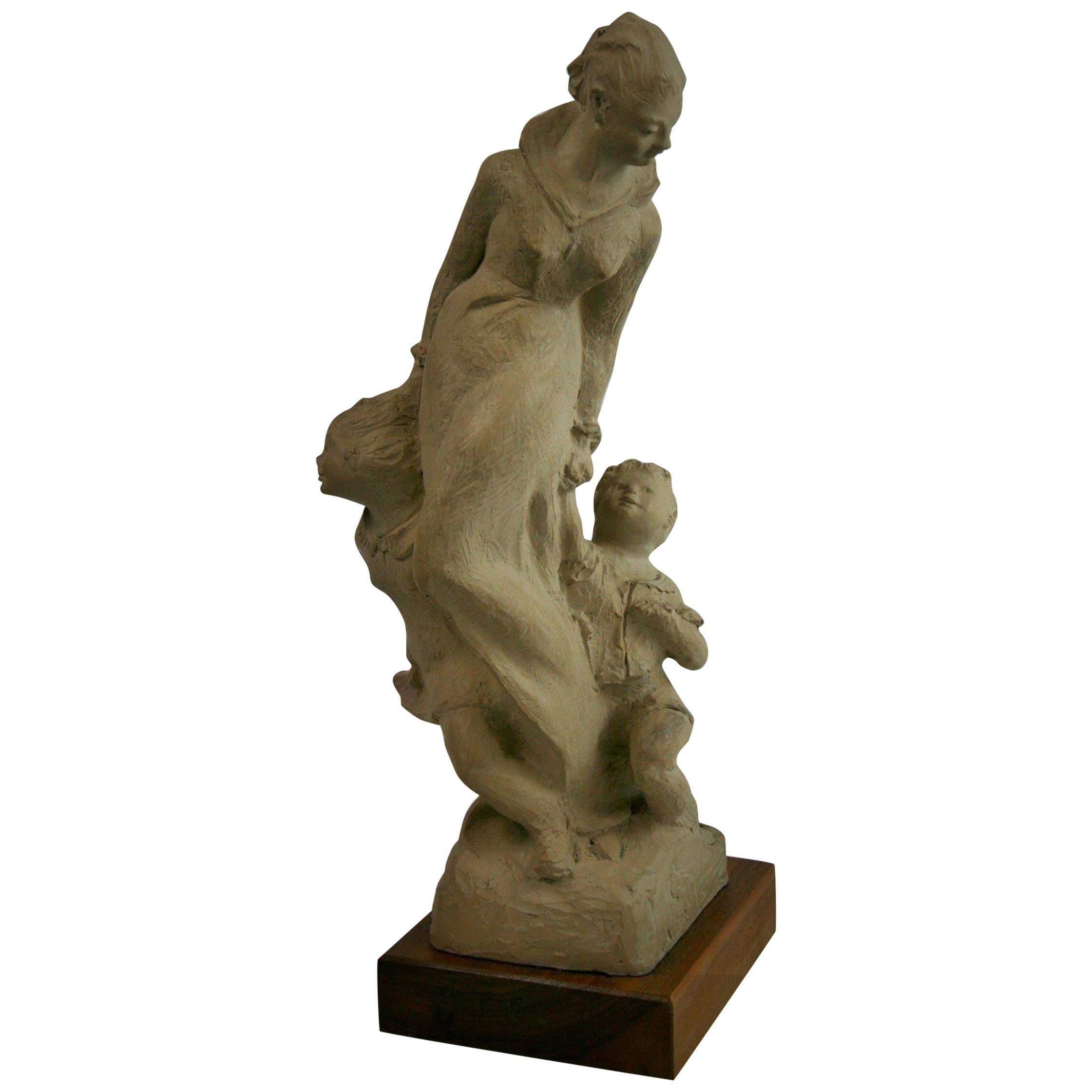 Mother and Children Cast Stone Sculpture Walnut base by Austin Productions 1983