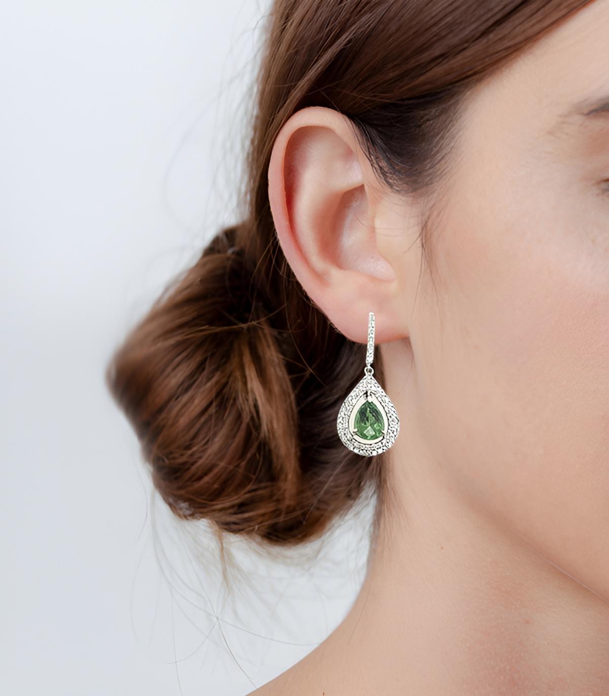Women's Dainty and Attractive Green Amethyst and Diamond Earrings For Sale