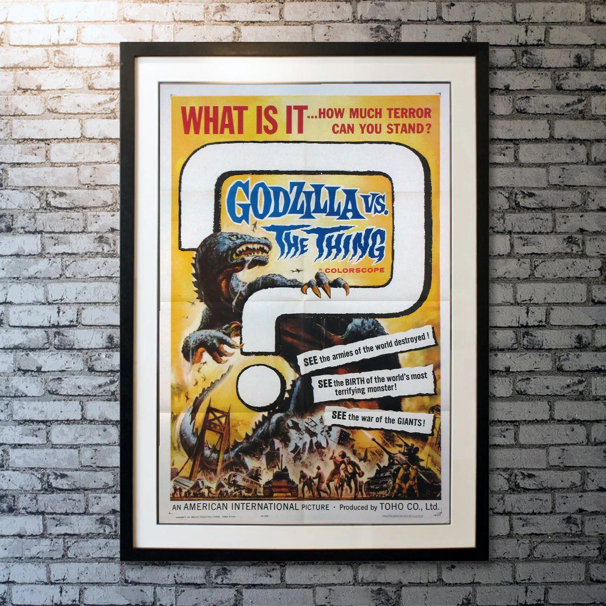 Mothra vs. Godzilla, Unframed Poster, 1964

Original One Sheet (27 X 41 Inches). Mothra's egg washes ashore and is claimed by greedy entrepreneurs who refuse to return it to her fairies. As Godzilla arises near Nagoya, the people of Infant Island